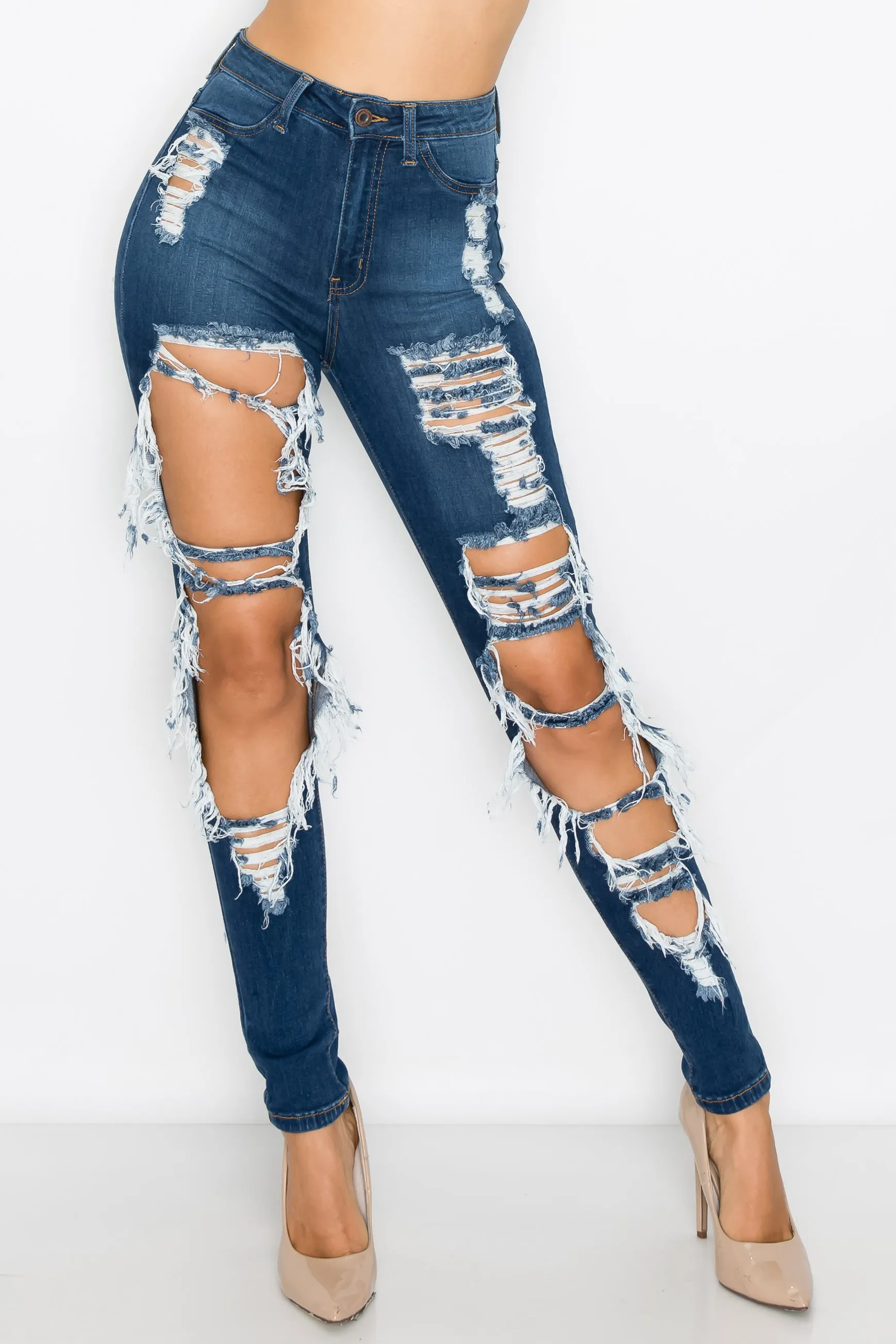 40098 Women's High Waisted Distressed Skinny Jeans with Cut Outs