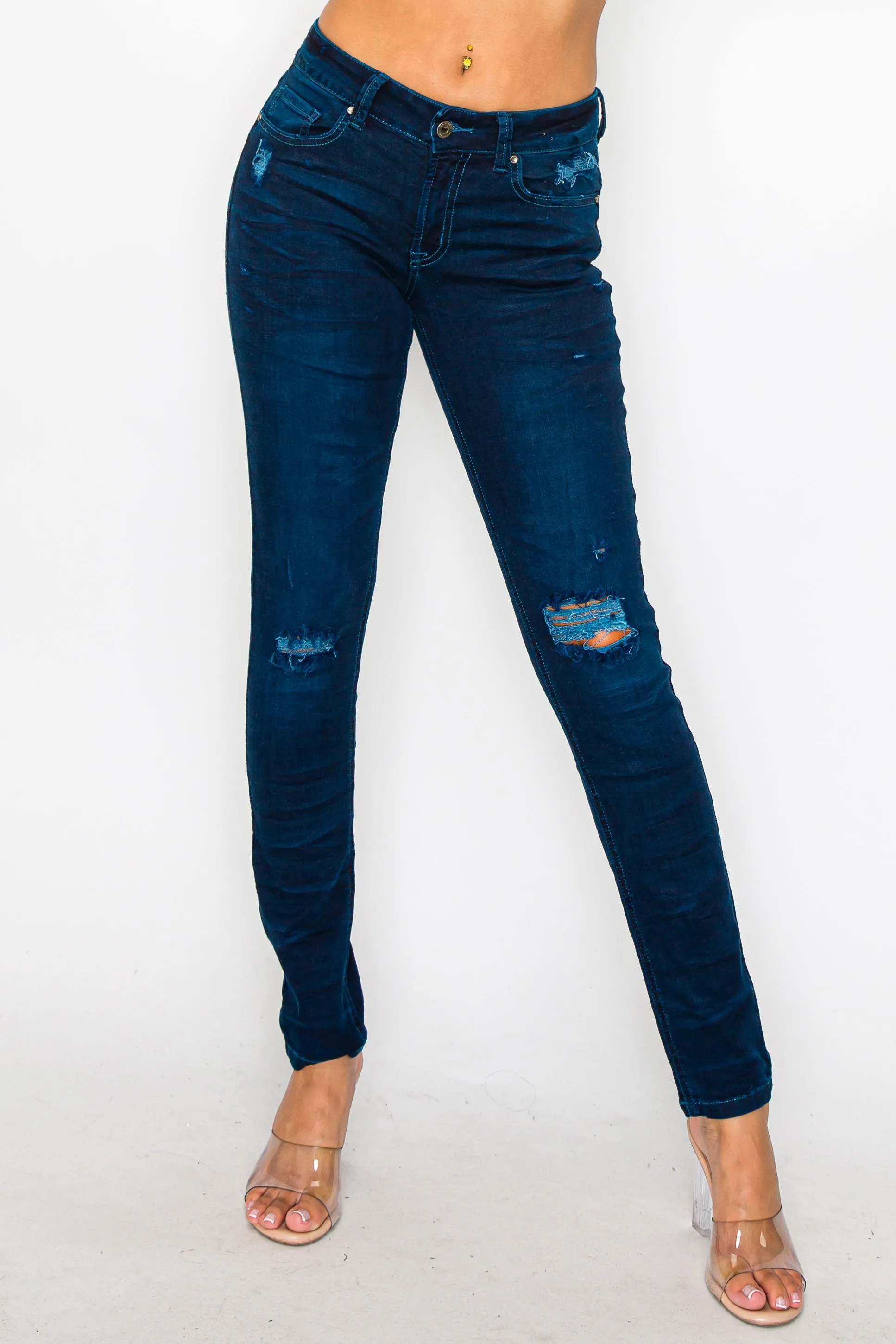 40601 Women's Mid Waisted Distressed Washed Skinny Jeans