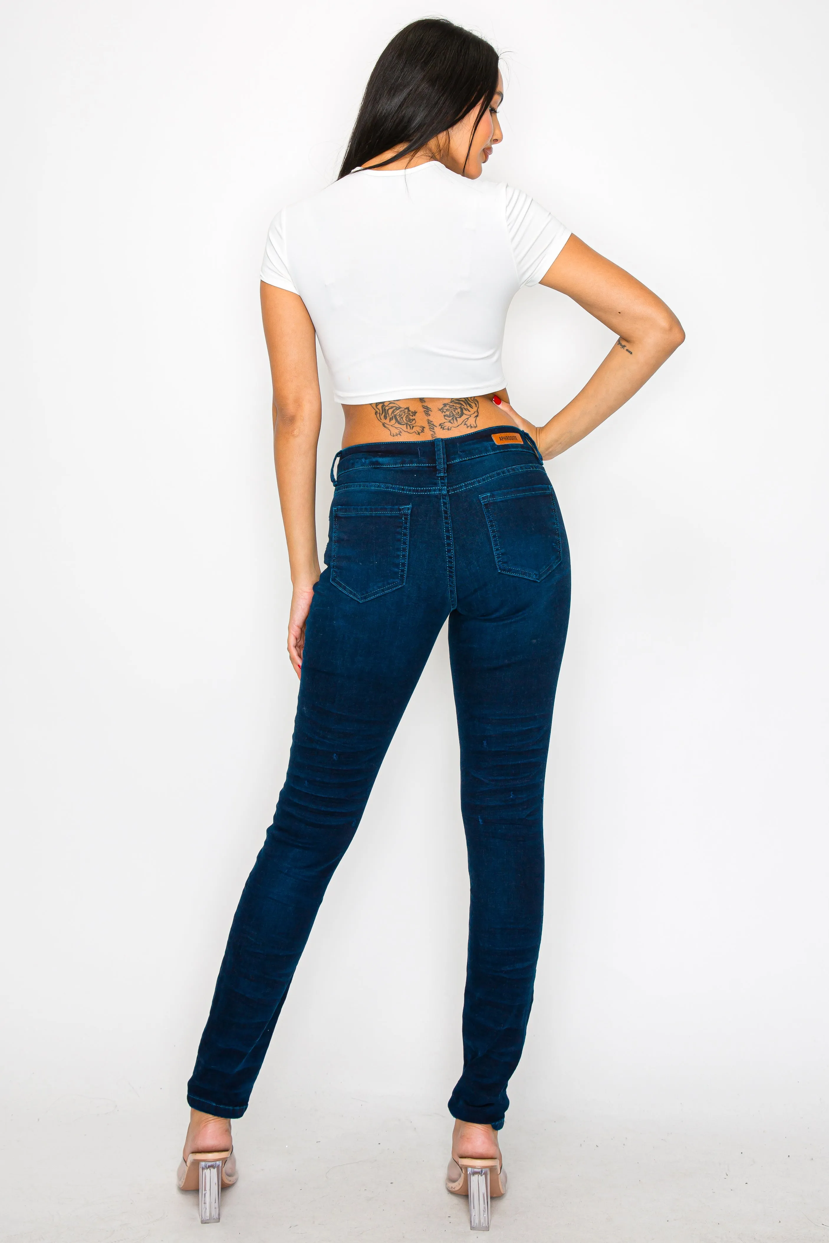 40601 Women's Mid Waisted Distressed Washed Skinny Jeans