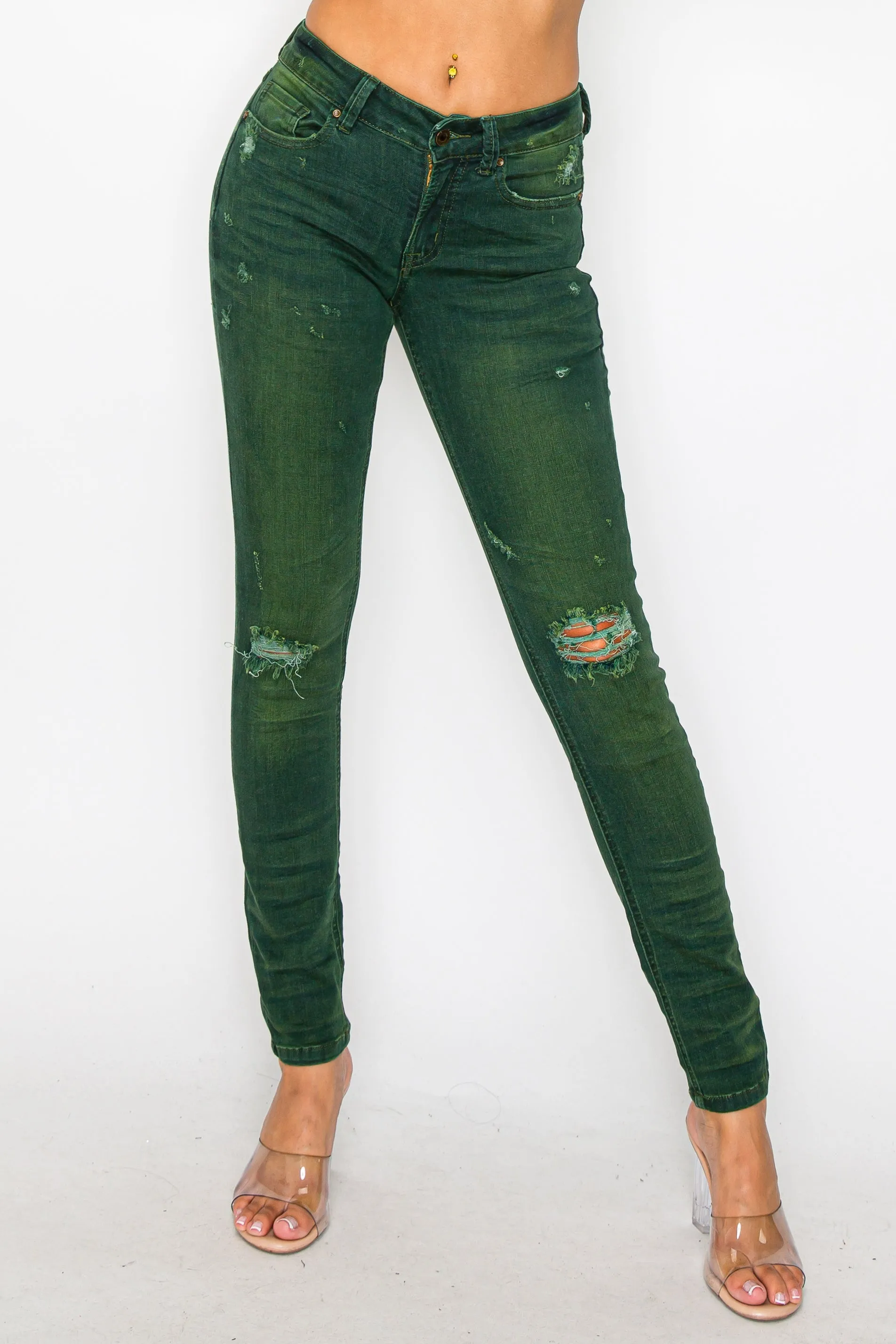 40601 Women's Mid Waisted Distressed Washed Skinny Jeans