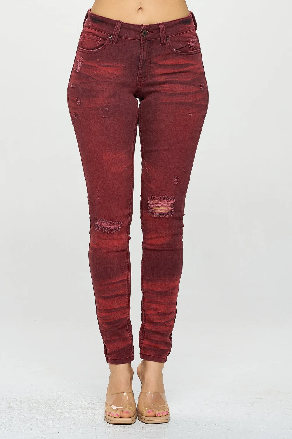 40601 Women's Mid Waisted Distressed Washed Skinny Jeans