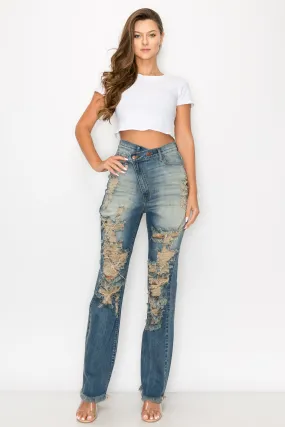 40608 Women's Criss Cross High Rise distressed (Hand Sanding) Denim Pants