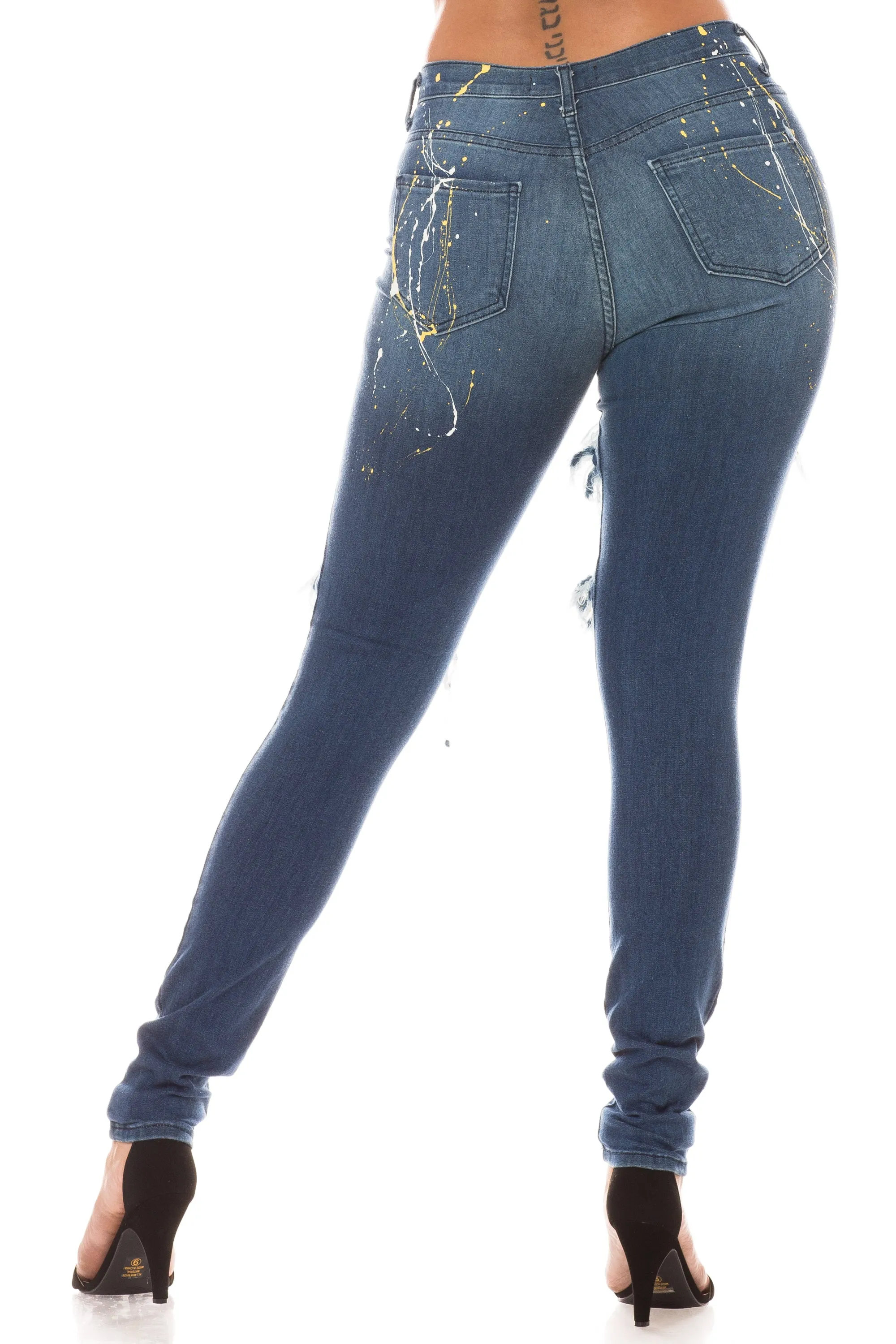 4266 Women's Super High Waisted Distressed Painted Skinny Jeans with Cut Outs