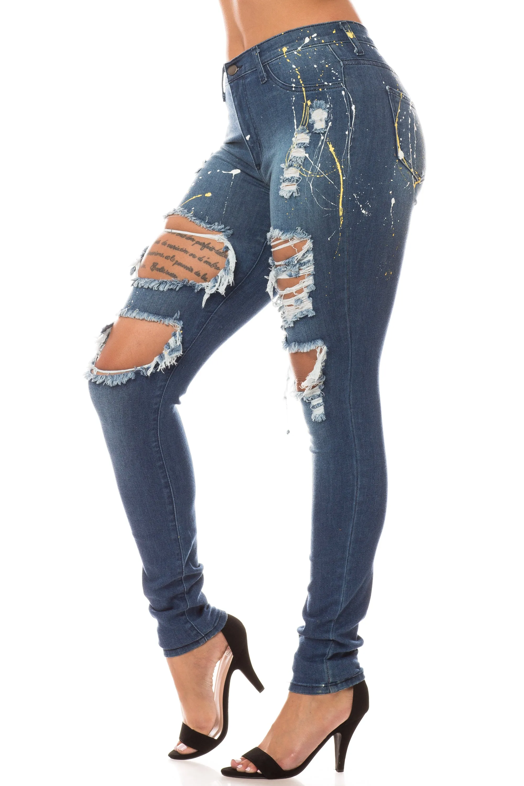 4266 Women's Super High Waisted Distressed Painted Skinny Jeans with Cut Outs