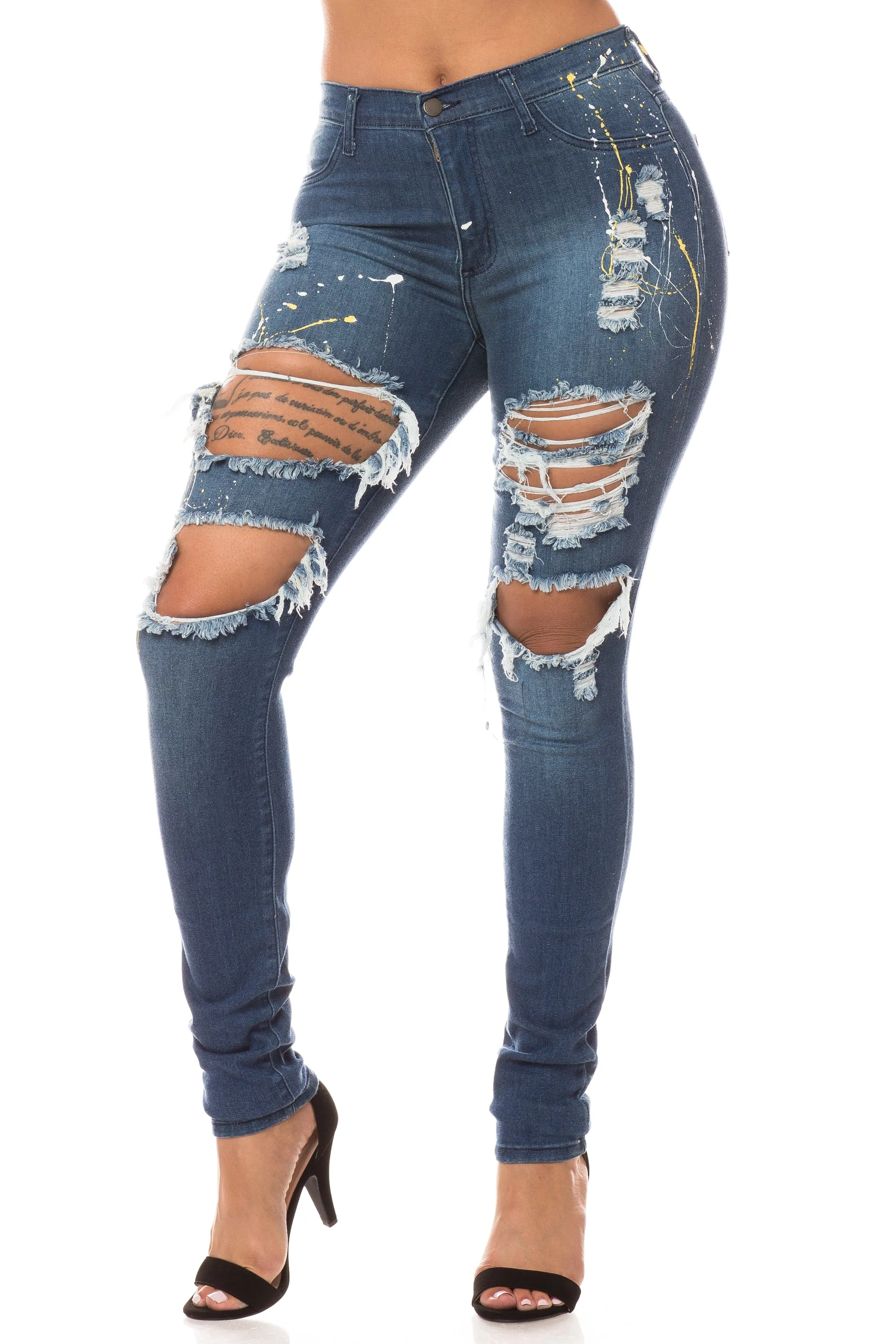 4266 Women's Super High Waisted Distressed Painted Skinny Jeans with Cut Outs