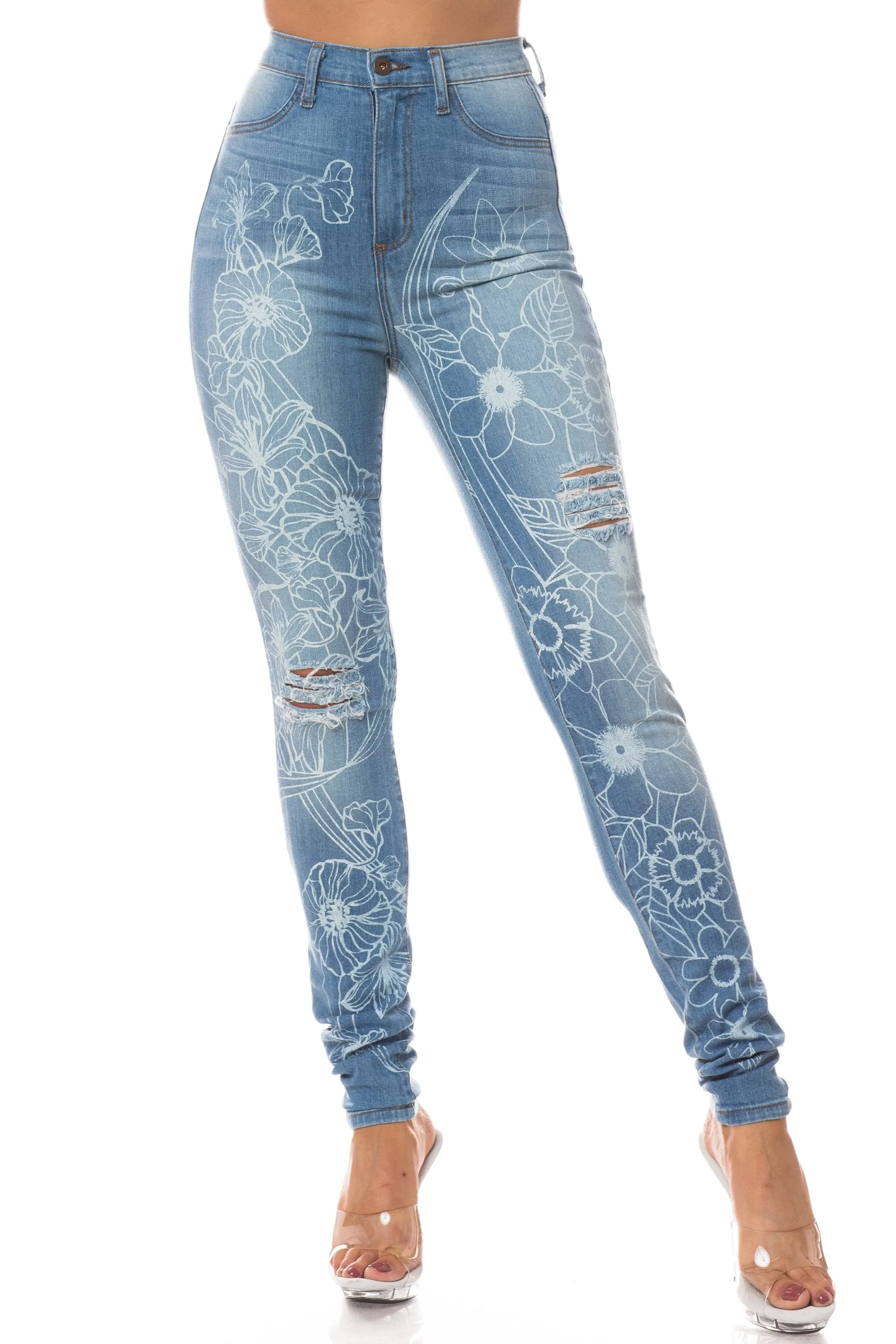 4267 Women's High Waisted Distressed Floral Printed Skinny Jeans