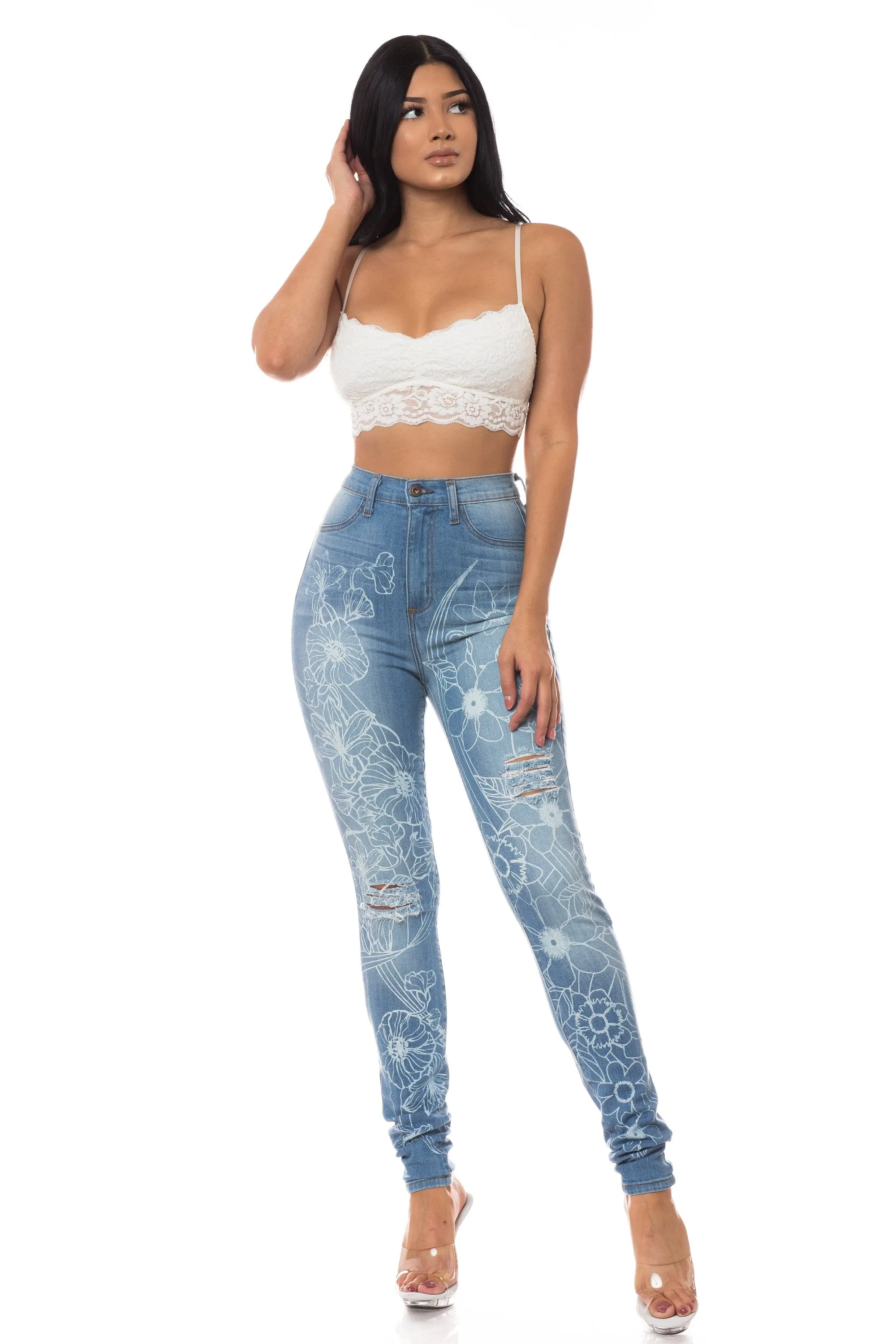 4267 Women's High Waisted Distressed Floral Printed Skinny Jeans