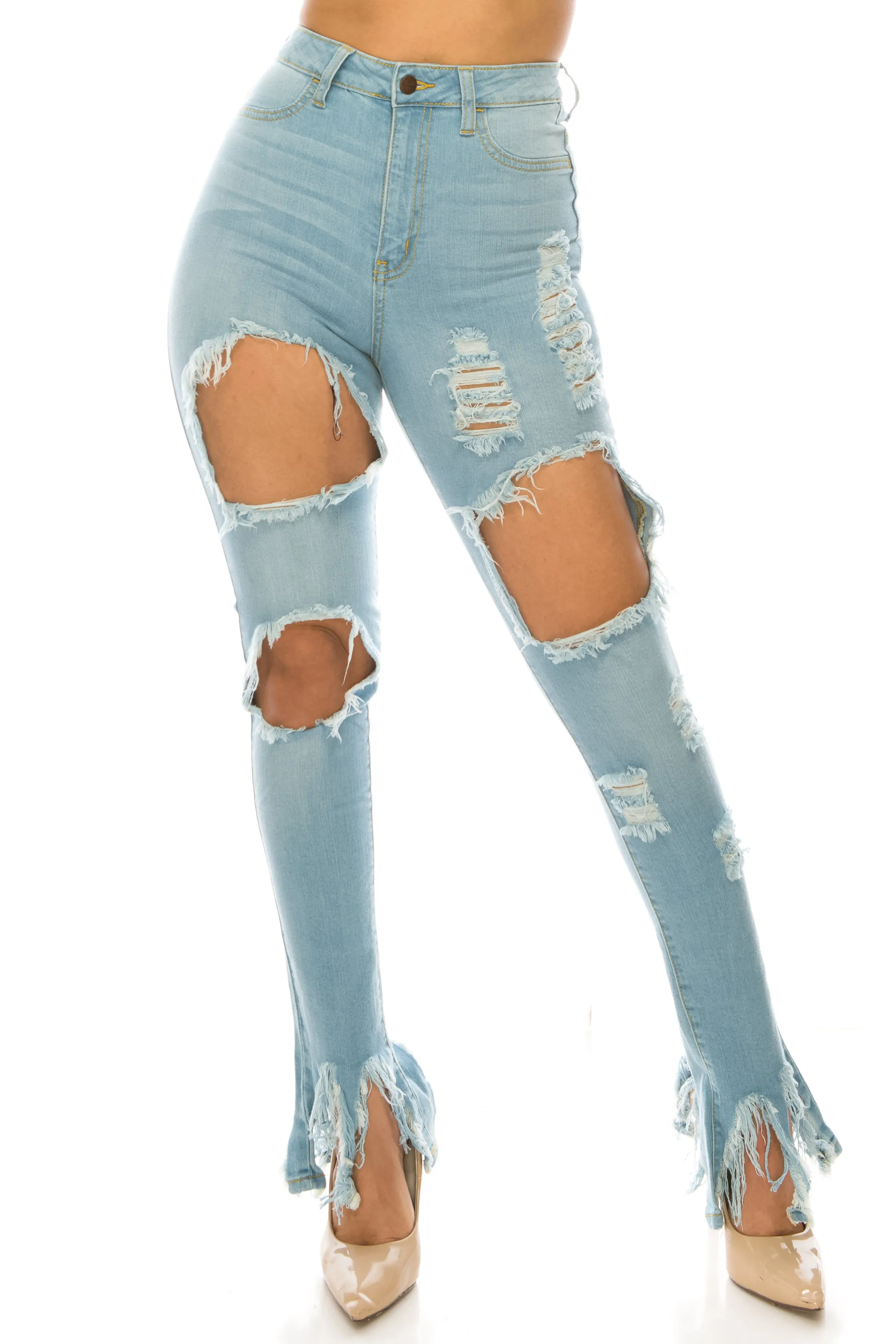 4380 Women's High Waisted Distressed Skinny Jeans with Cut Outs and Frayed Hem