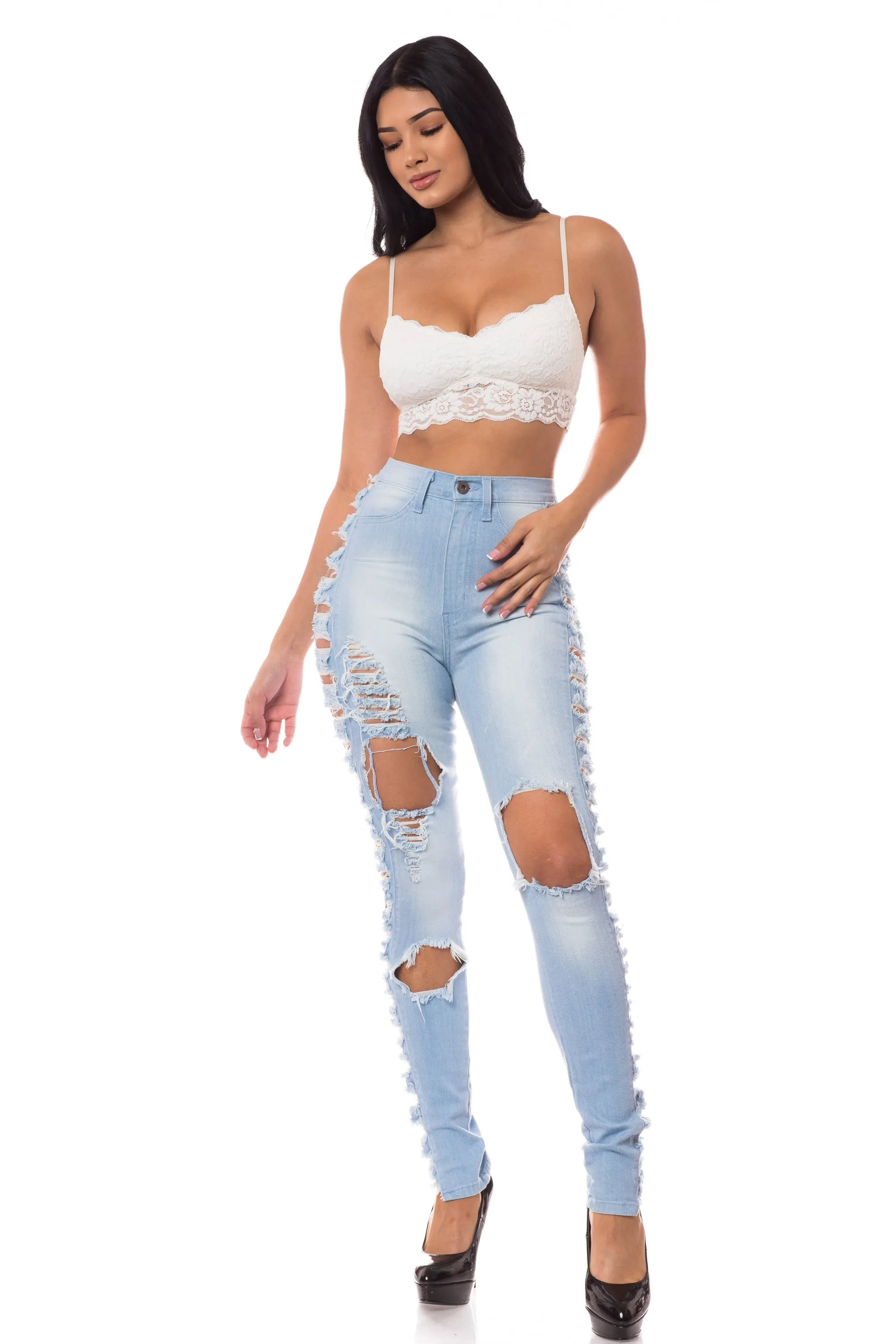 4383 Women's High Waisted Distressed Skinny Jeans with Cut Outs