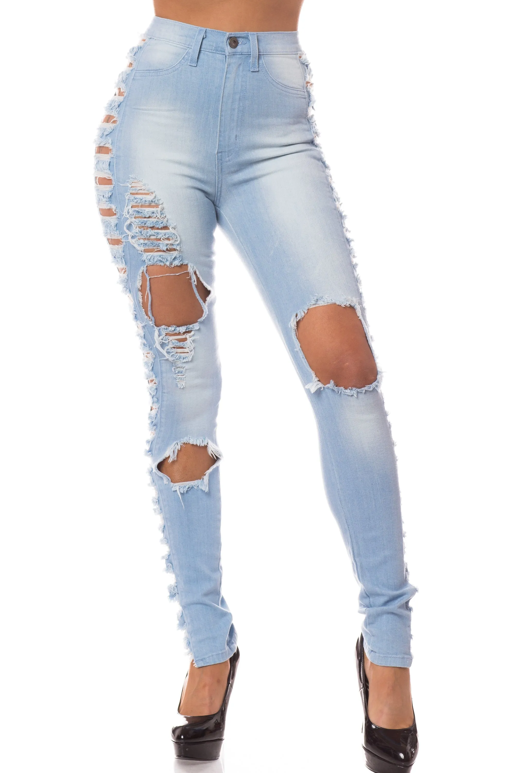 4383 Women's High Waisted Distressed Skinny Jeans with Cut Outs