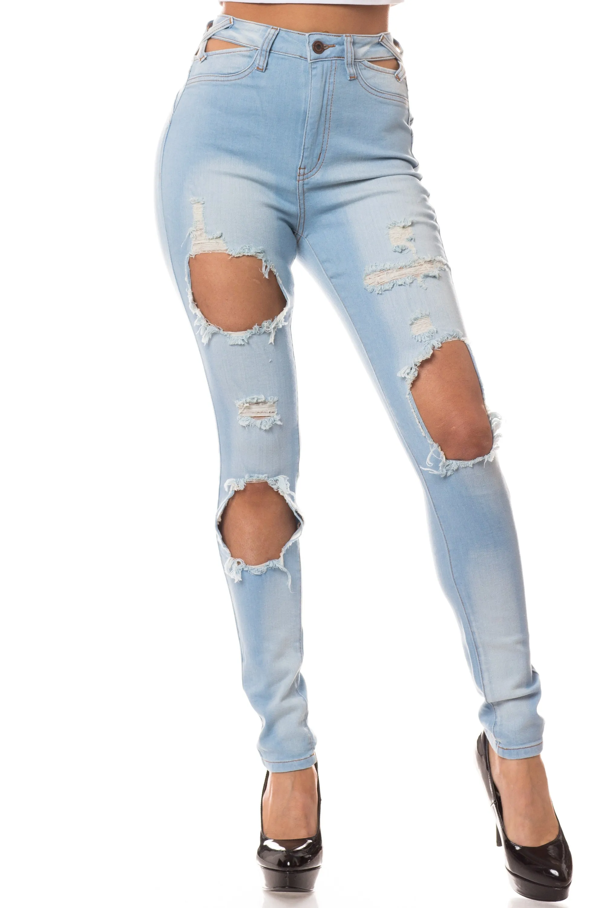 4390 Women's High Waisted Distressed Skinny Jeans with Cut Outs