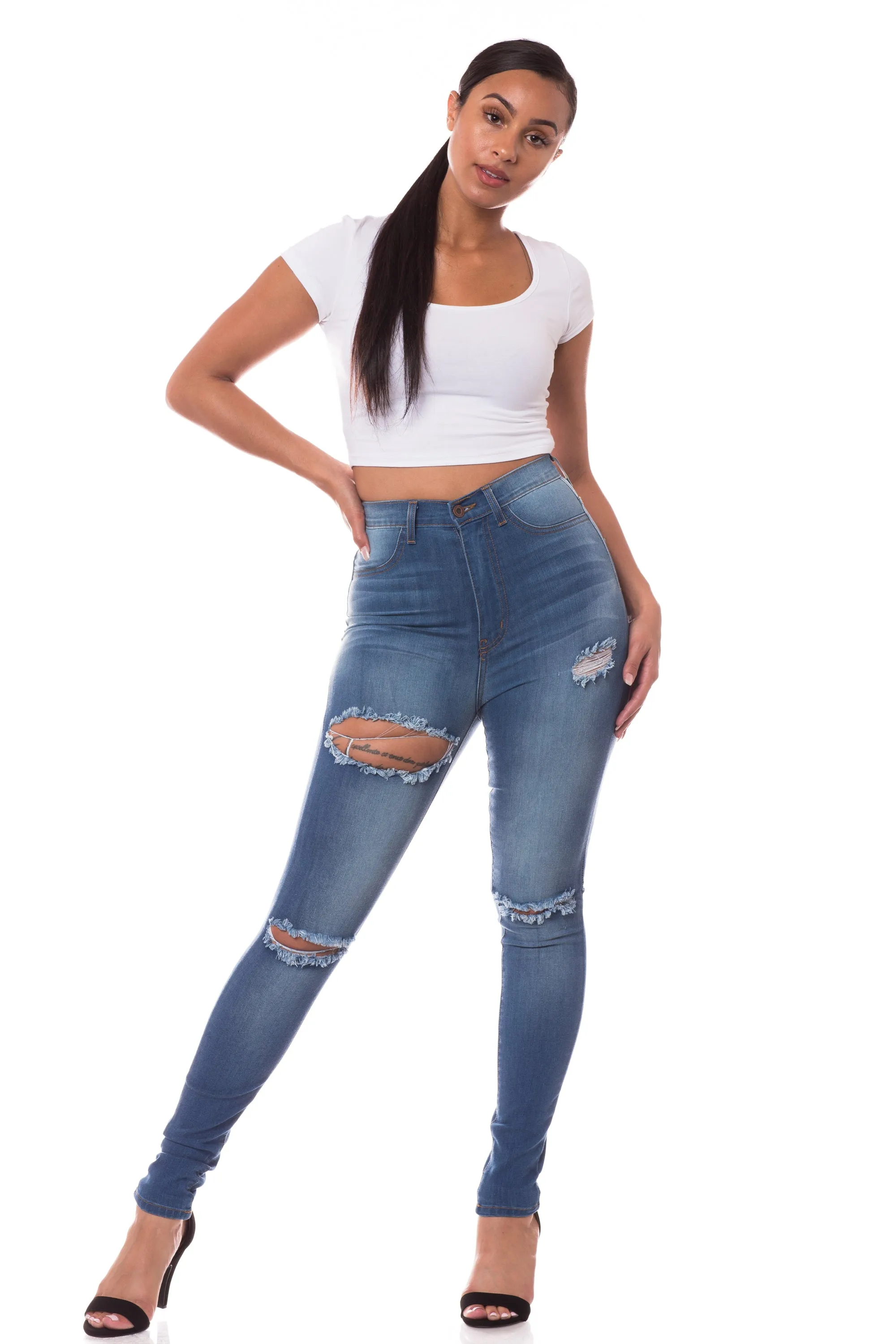 4399 Women's Super High Waisted Distressed Skinny Jeans