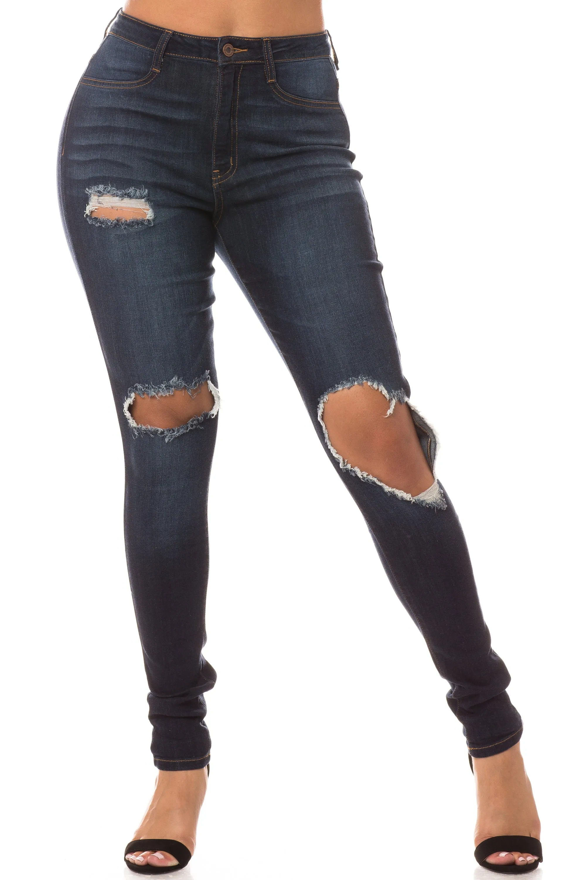 4411 Women's Super High Waisted Distressed Skinny Jeans with Cut Outs