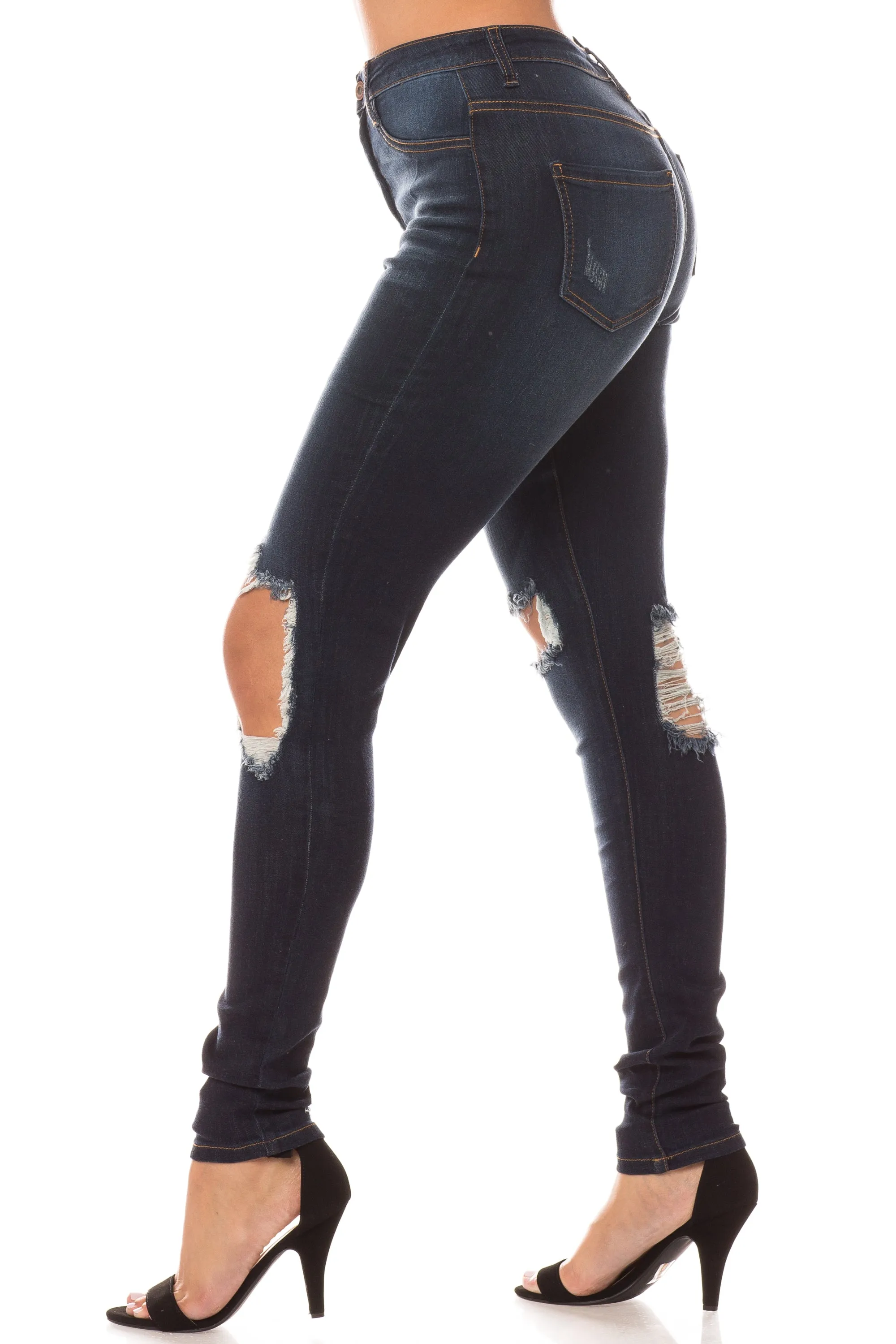 4411 Women's Super High Waisted Distressed Skinny Jeans with Cut Outs