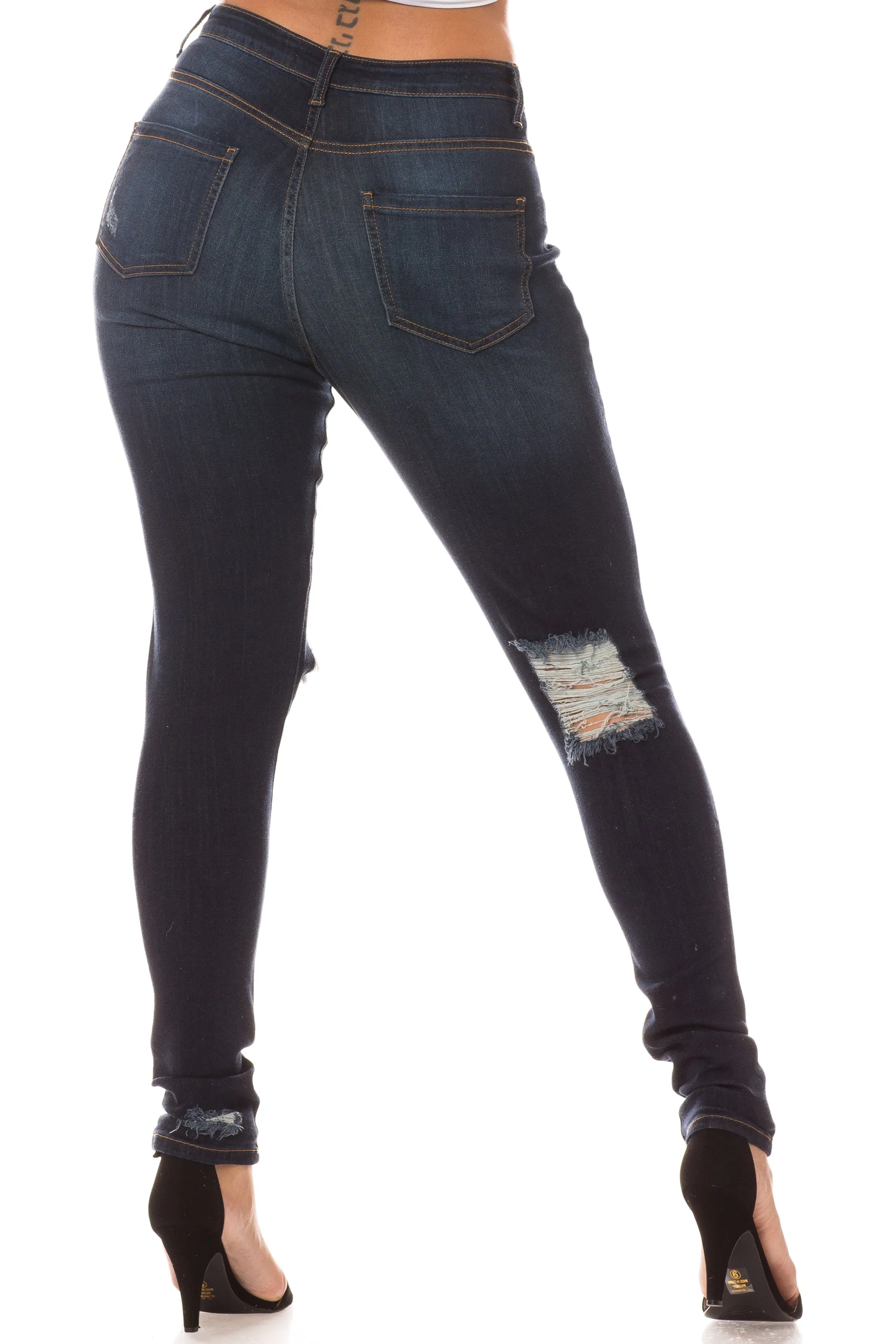 4411 Women's Super High Waisted Distressed Skinny Jeans with Cut Outs