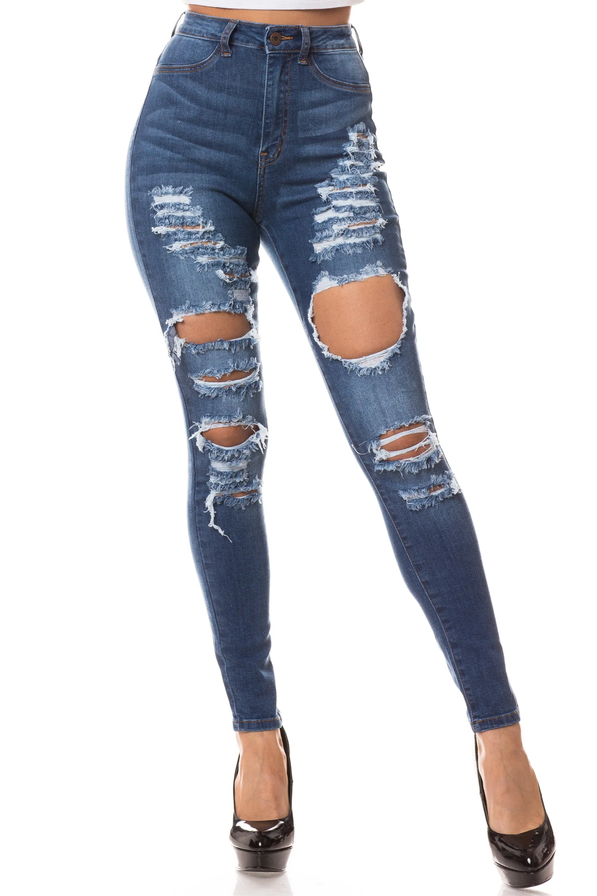 4434 Women's High Waisted Distressed Skinny Jeans with Cut Outs