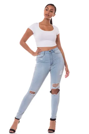 4462 Women's High Waisted Distressed Skinny Jeans with Cut Outs