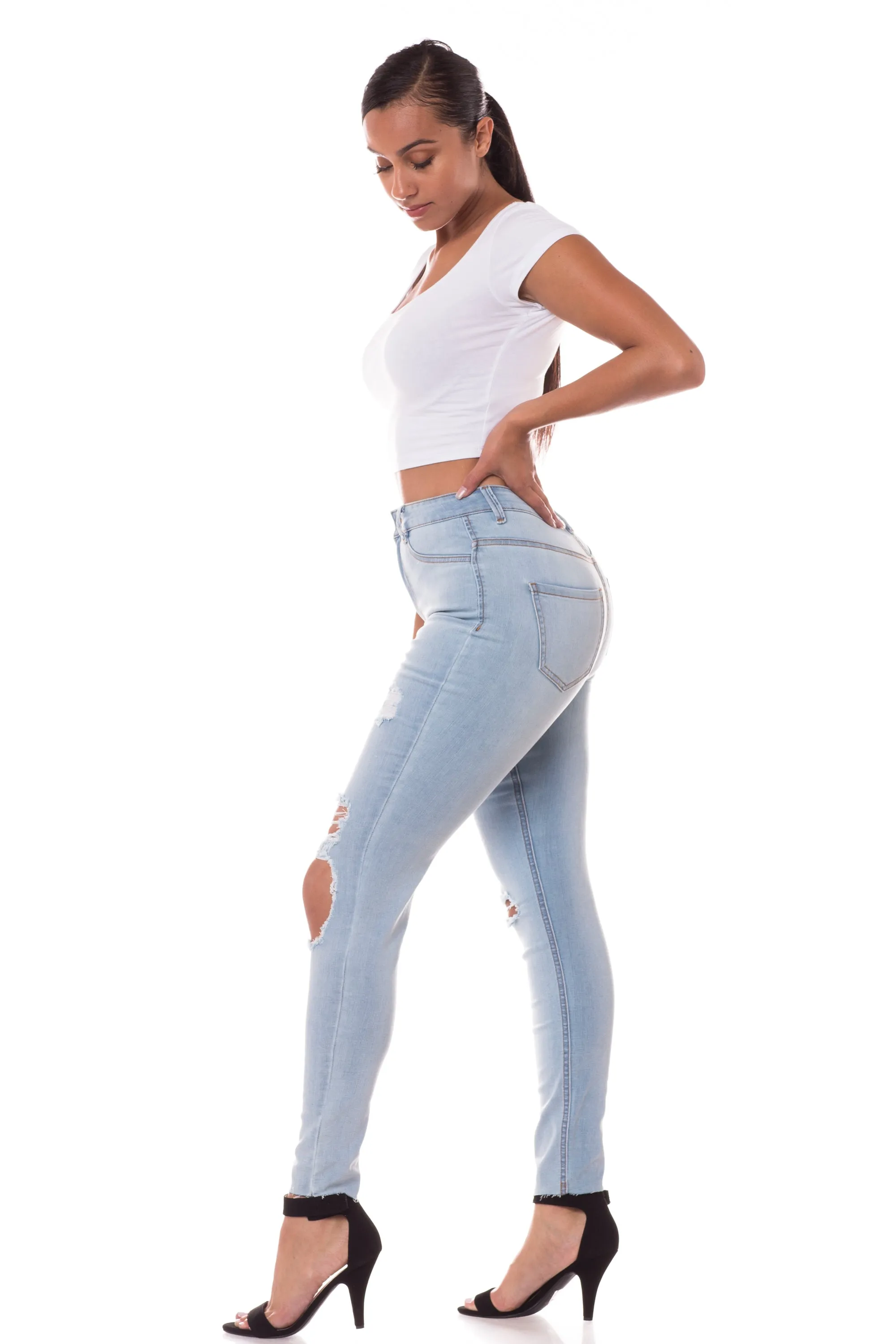 4462 Women's High Waisted Distressed Skinny Jeans with Cut Outs