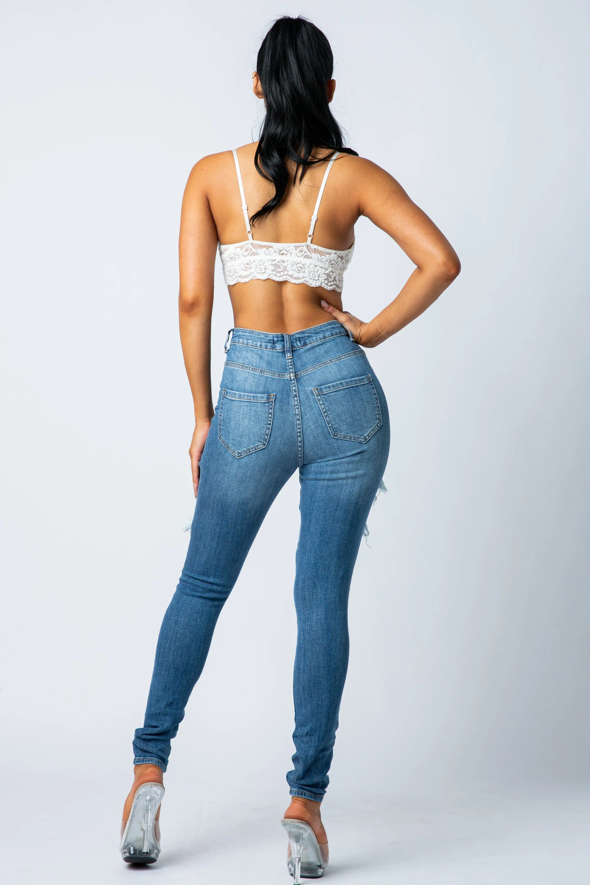 4469 Women's High Waisted Distressed Skinny Jeans with Cut Outs