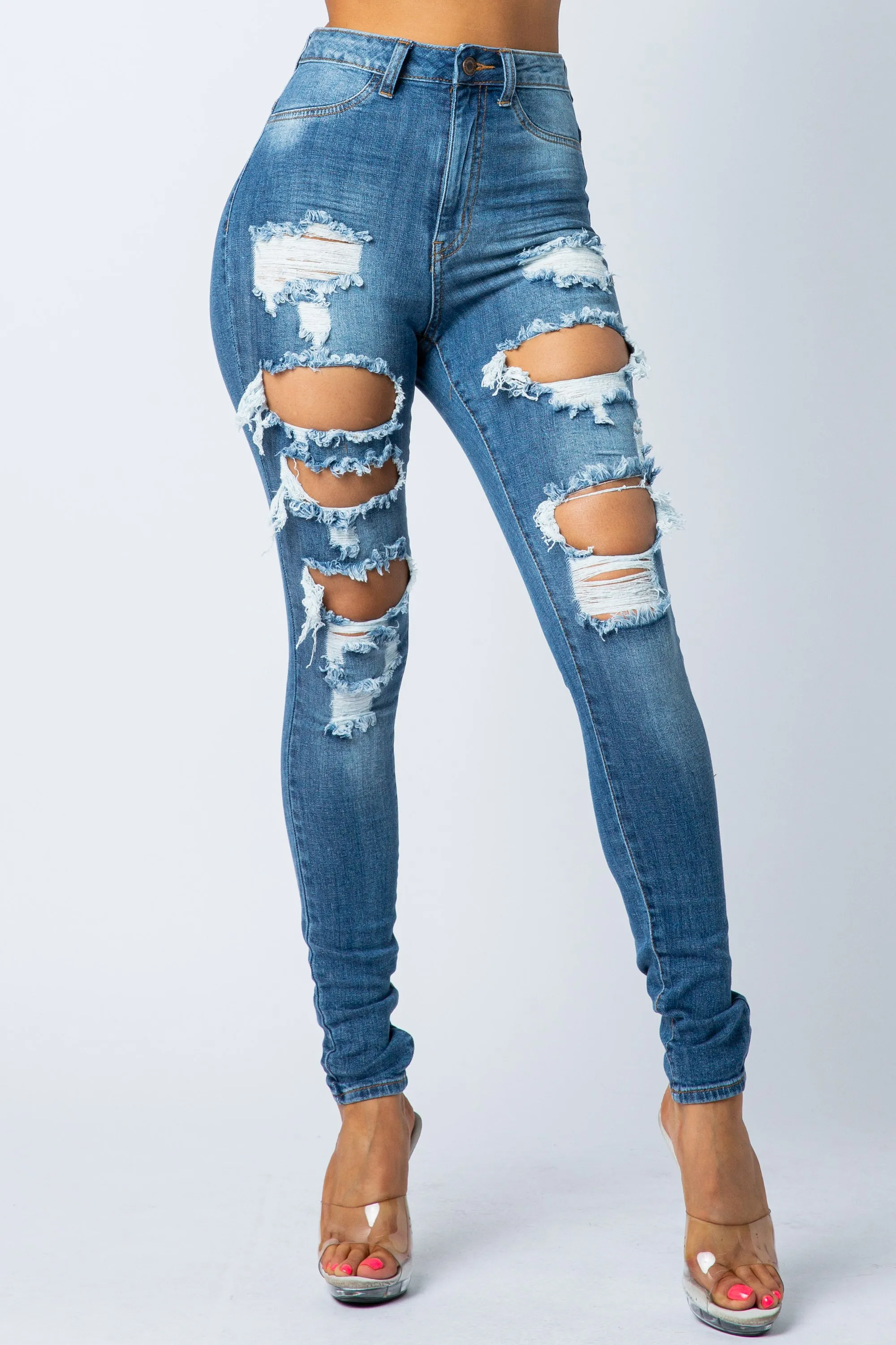 4469 Women's High Waisted Distressed Skinny Jeans with Cut Outs