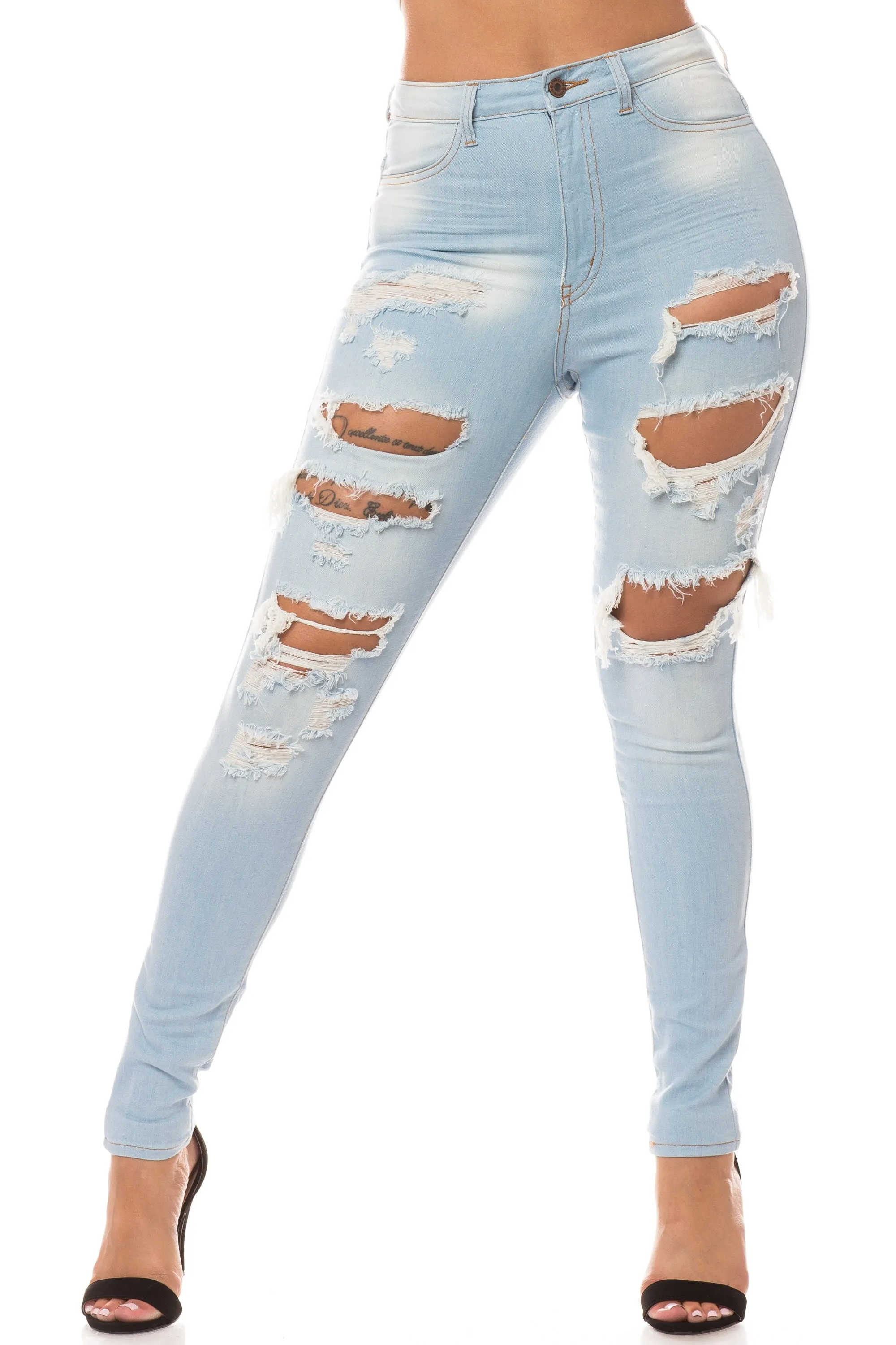 4469 Women's High Waisted Distressed Skinny Jeans with Cut Outs