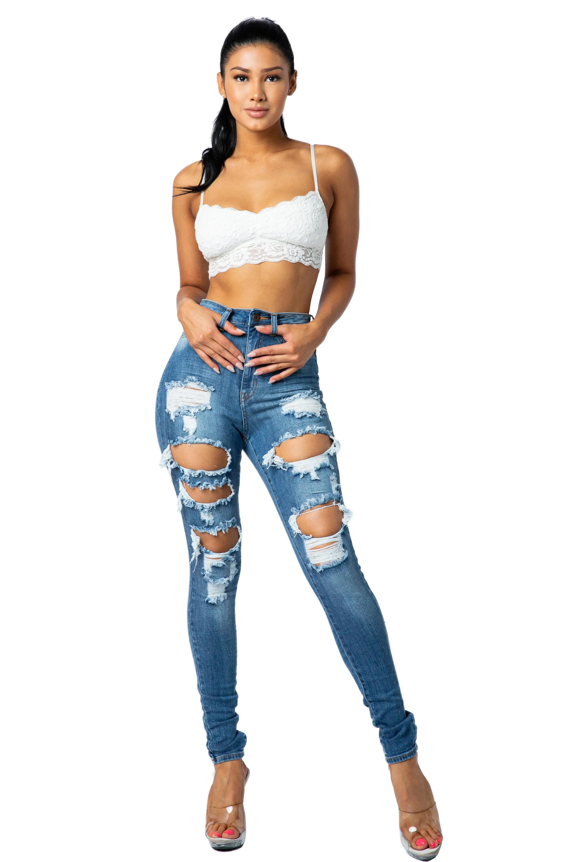 4469 Women's High Waisted Distressed Skinny Jeans with Cut Outs