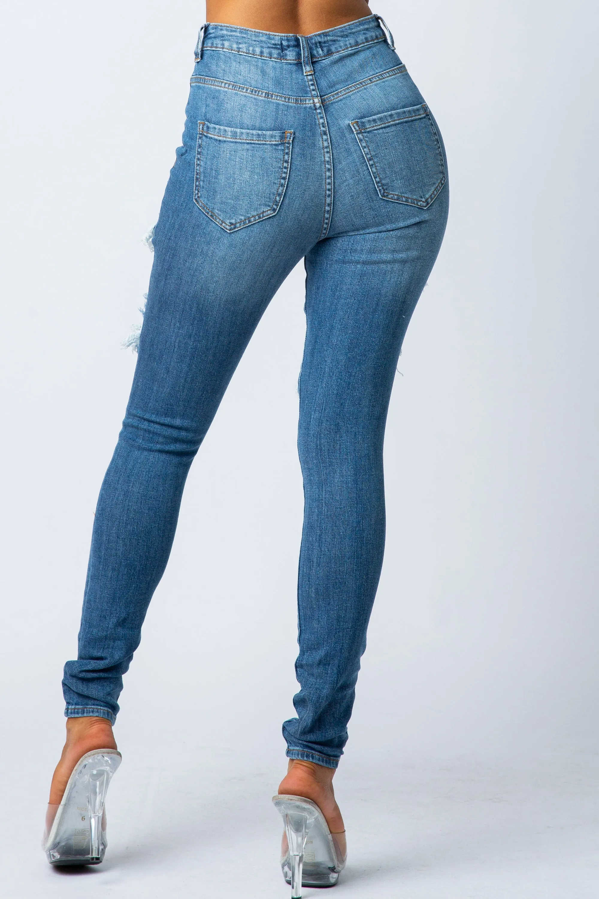 4469 Women's High Waisted Distressed Skinny Jeans with Cut Outs