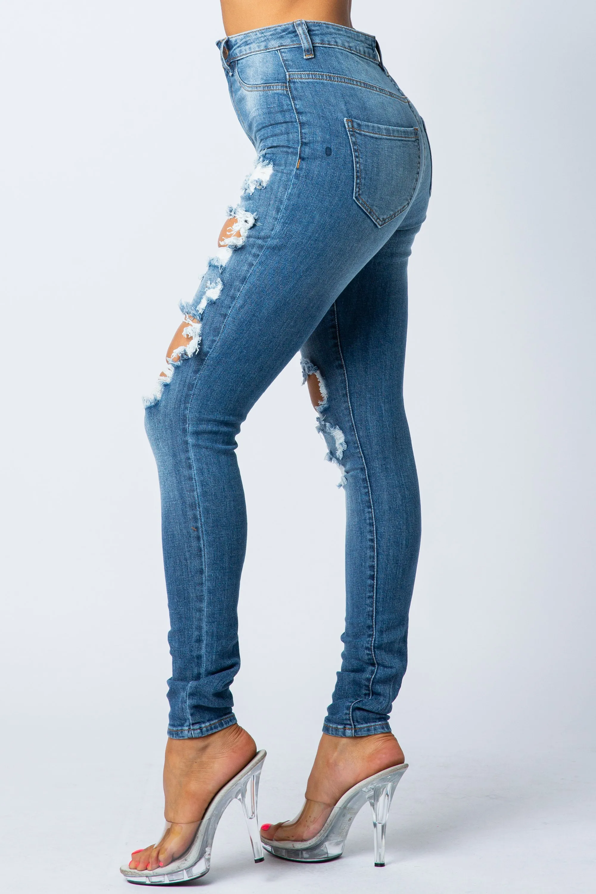 4469 Women's High Waisted Distressed Skinny Jeans with Cut Outs