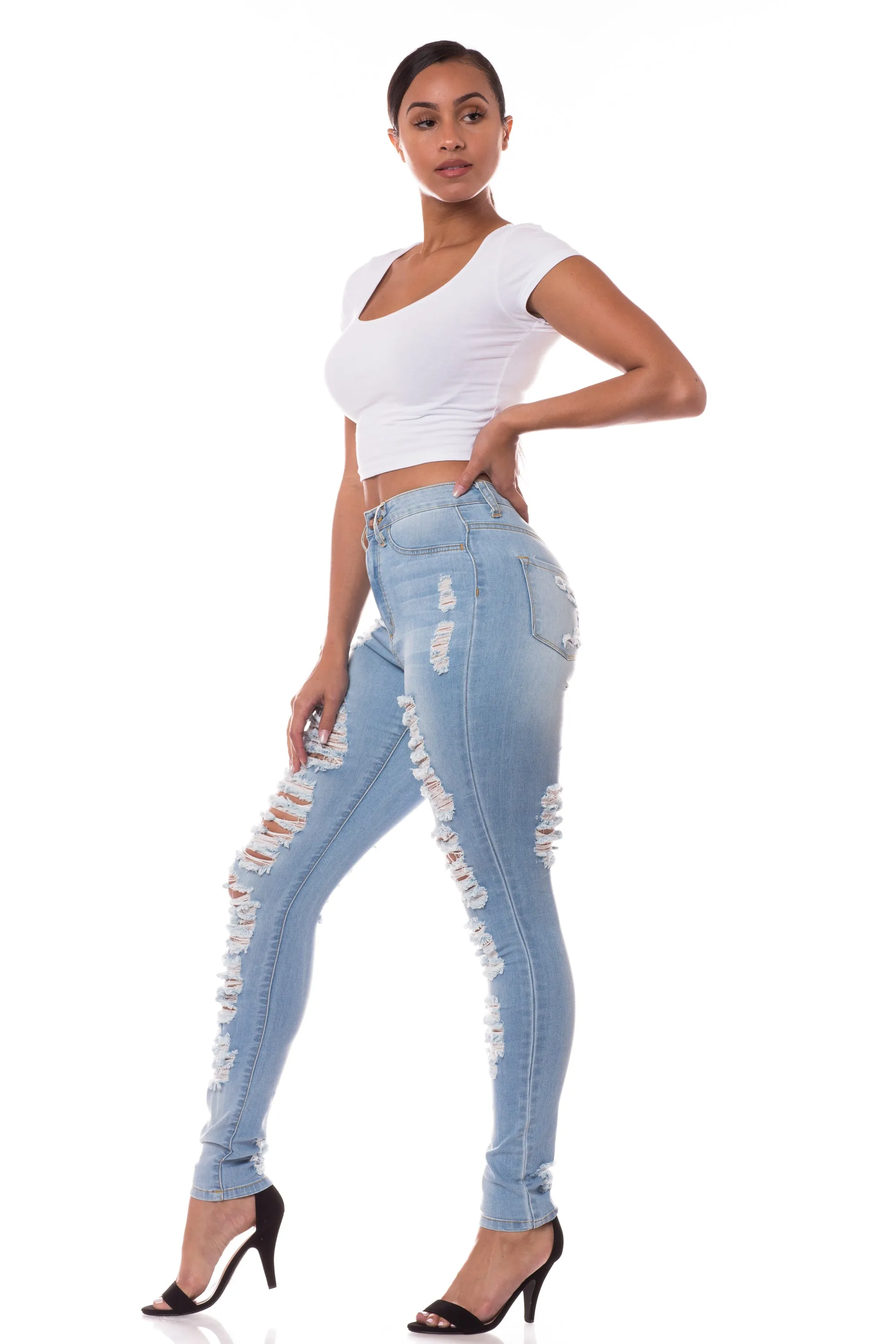 4476 Women's Super High Waisted Distressed Skinny Jeans