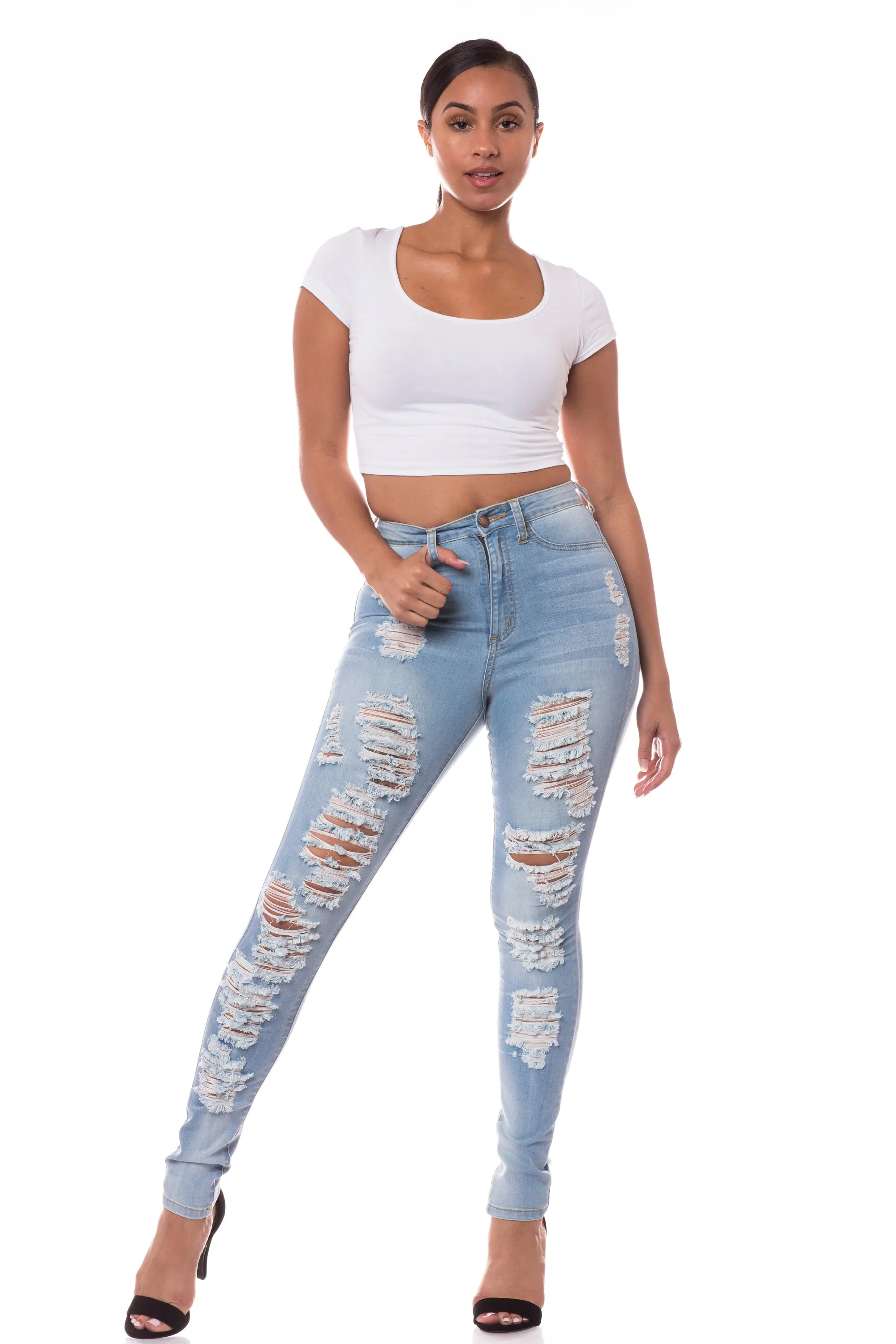 4476 Women's Super High Waisted Distressed Skinny Jeans