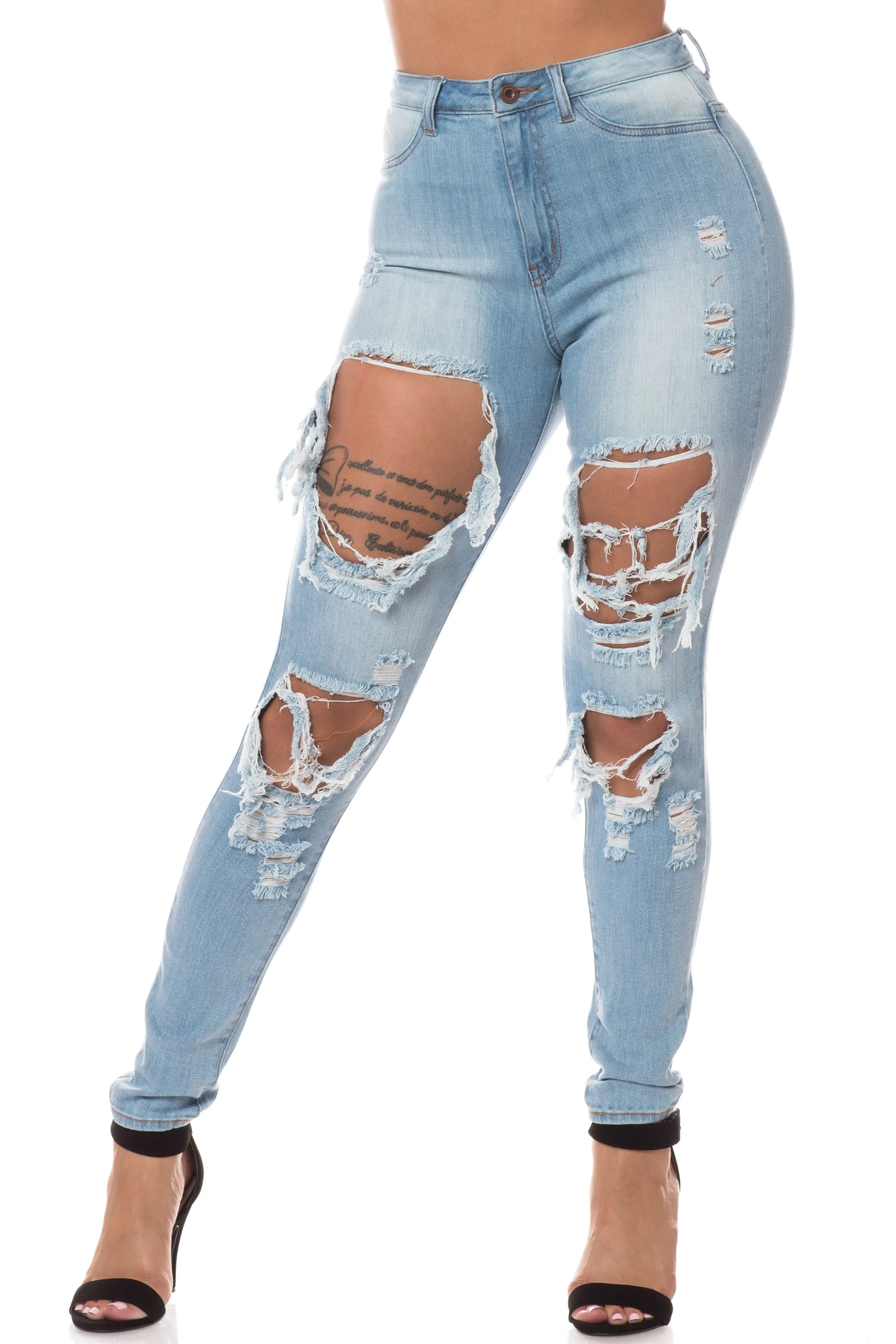 4481 Women's Super High Waisted Distressed Skinny Jeans with Cut Outs