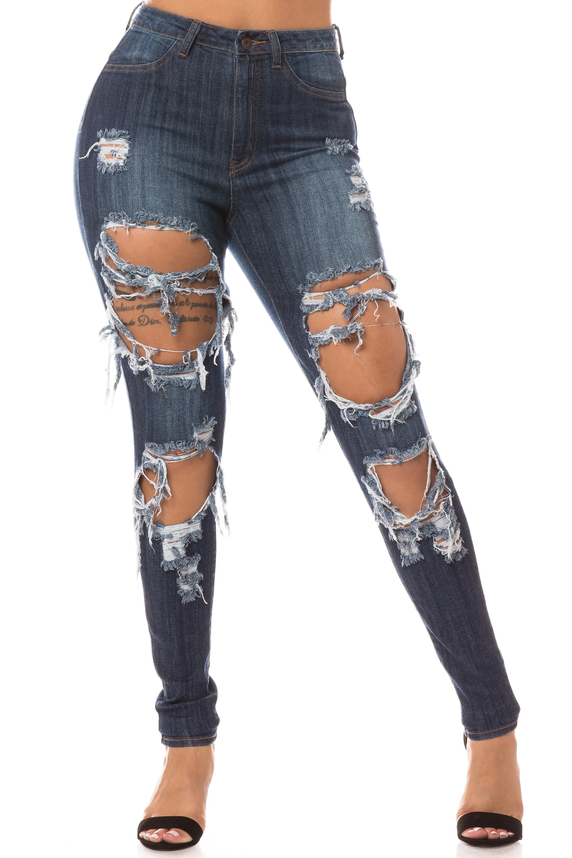 4481 Women's Super High Waisted Distressed Skinny Jeans with Cut Outs