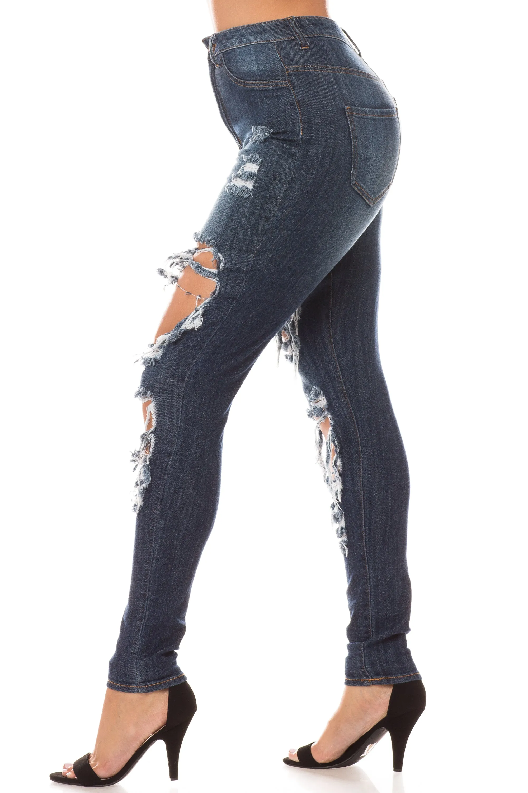 4481 Women's Super High Waisted Distressed Skinny Jeans with Cut Outs