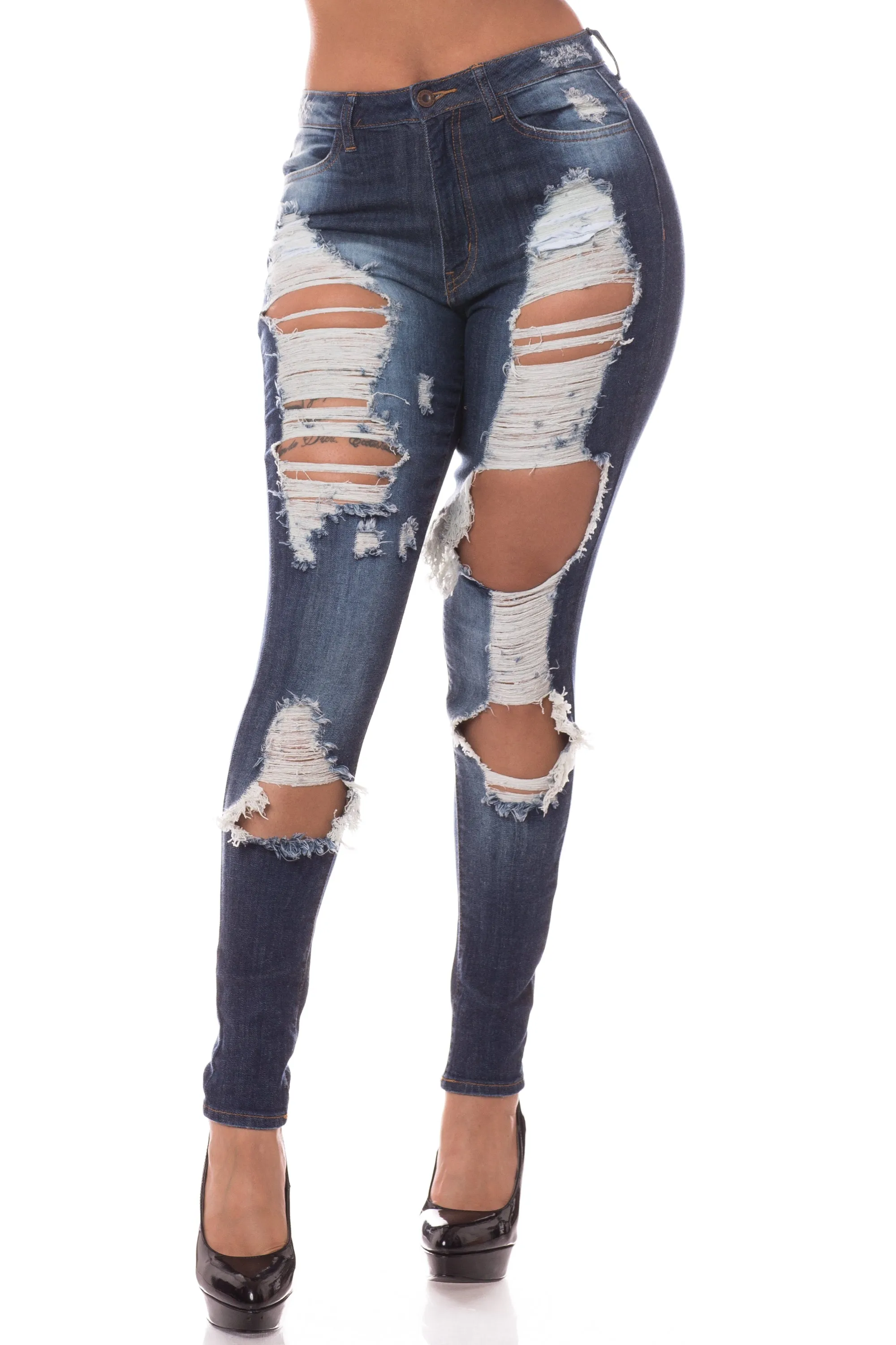 4509 women's Super High Waisted Distressed Skinny Jeans with Cut Outs