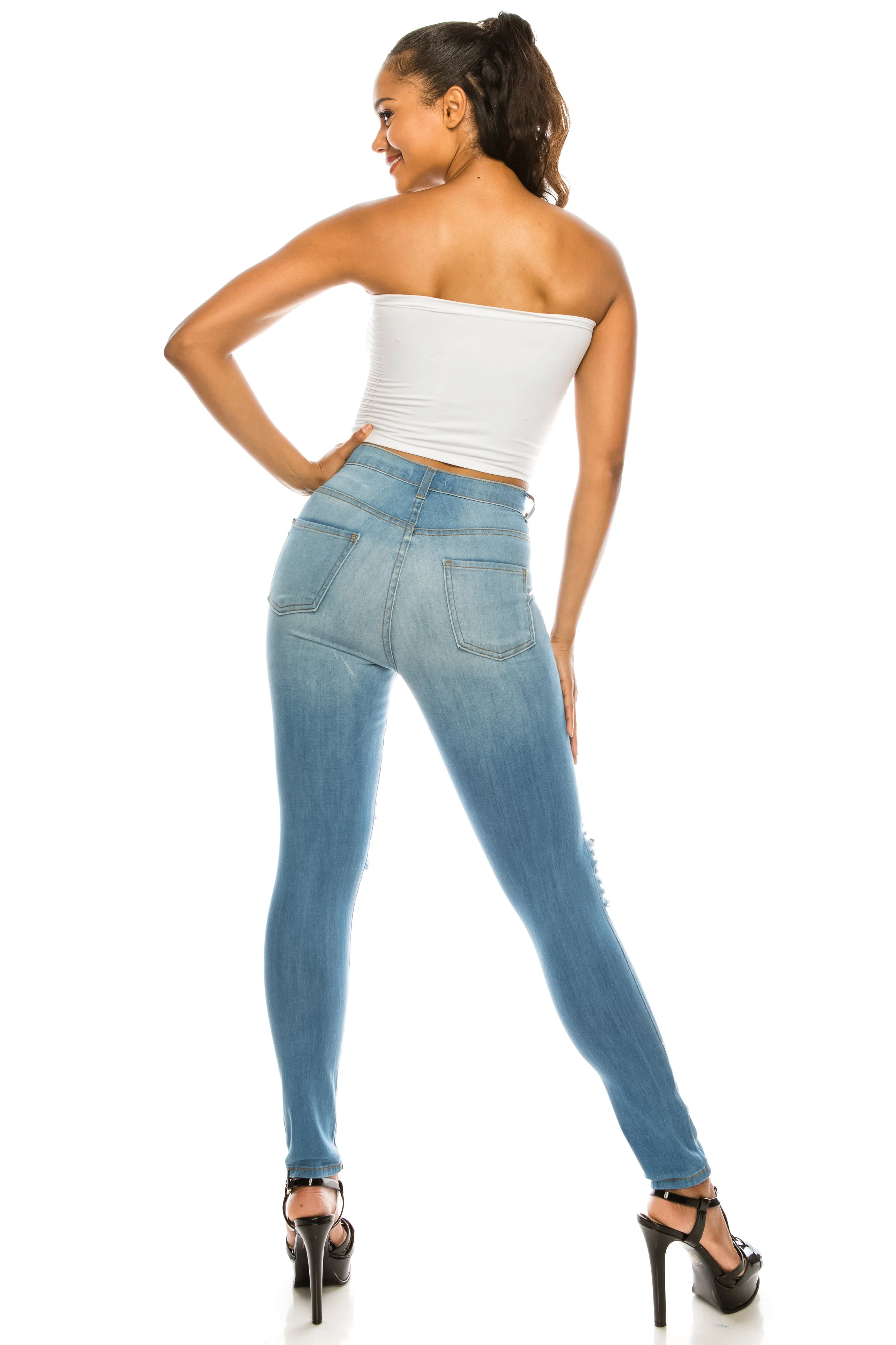 4514 Super High Waisted Distressed Skinny Jeans with Cut Outs