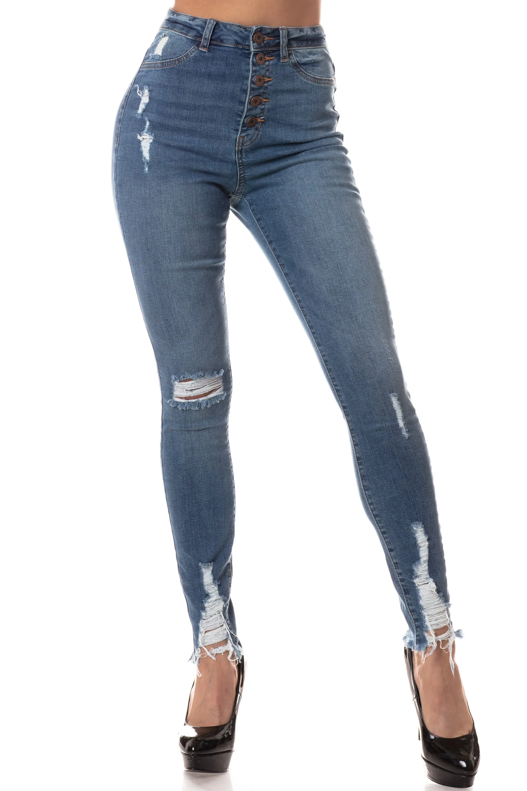 4539 Women's Super High Waisted Distressed Skinny Jeans