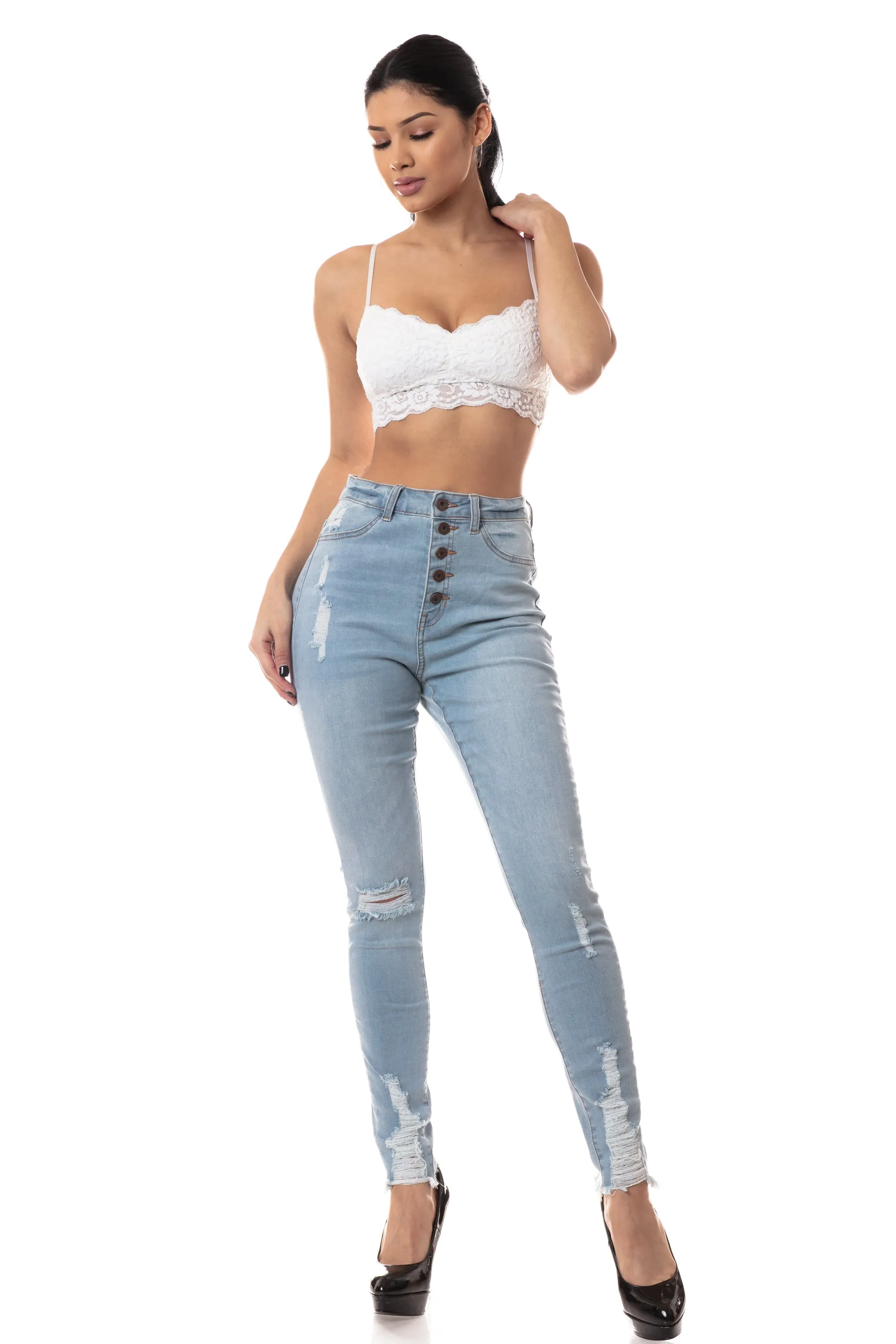 4539 Women's Super High Waisted Distressed Skinny Jeans