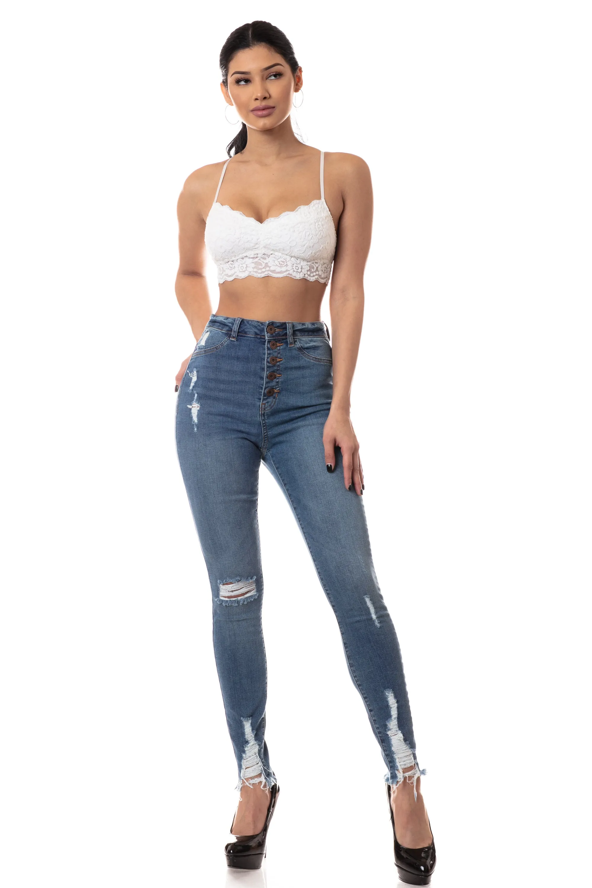 4539 Women's Super High Waisted Distressed Skinny Jeans