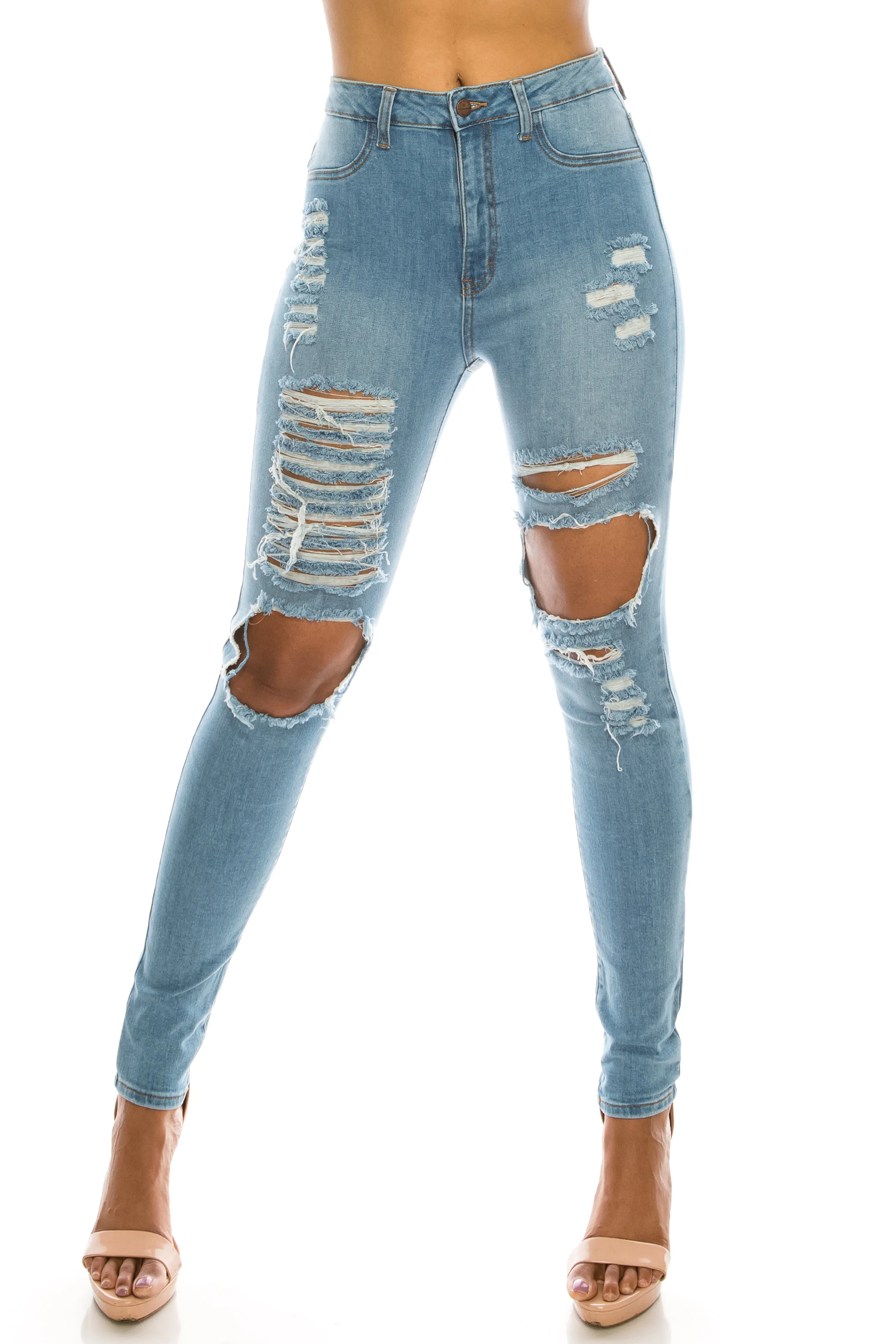 4569 Women's High Waisted Distressed Skinny Jeans with Cut Outs