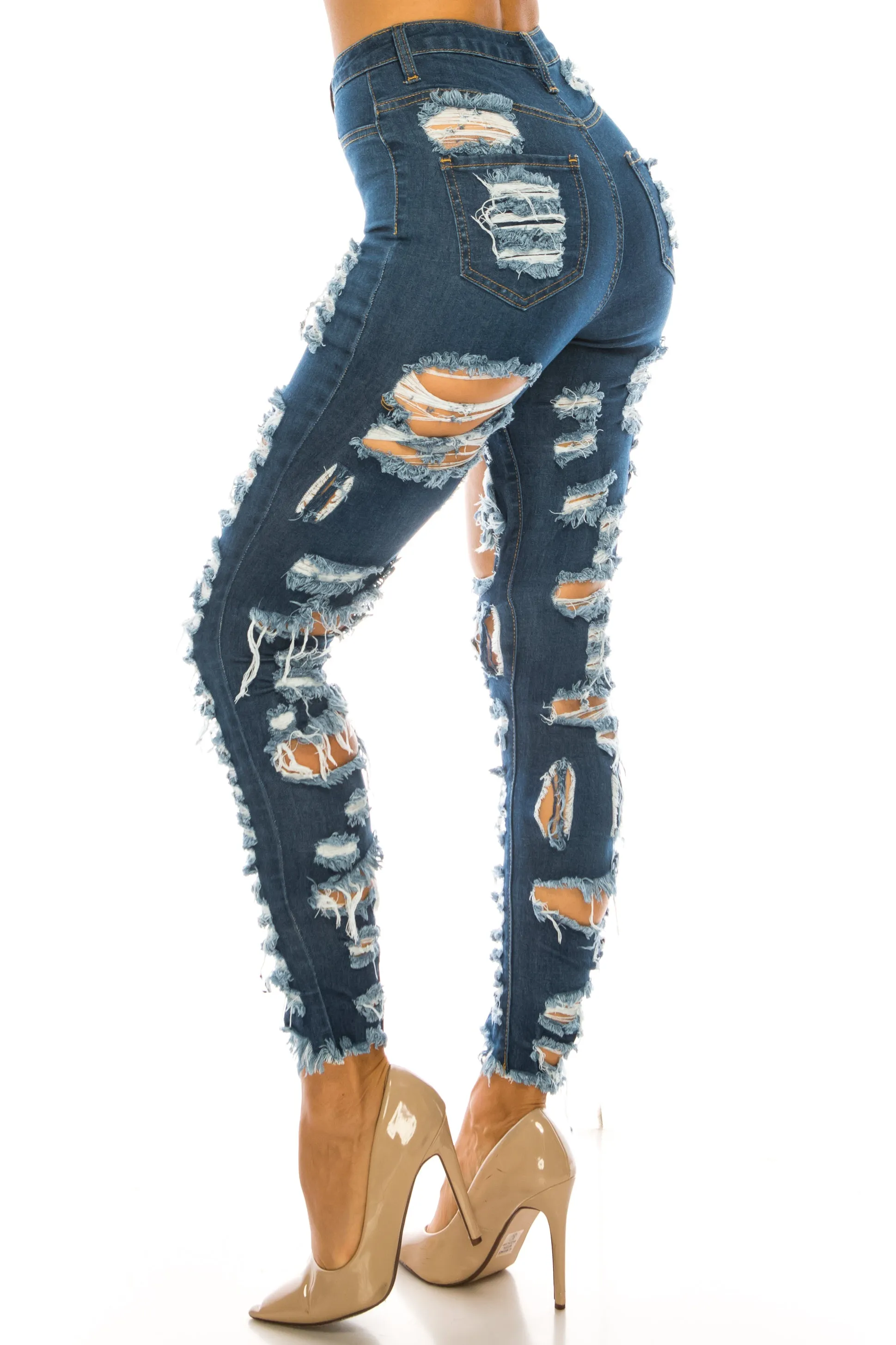 4575 Women's High Waisted Distressed Skinny Jeans with Cut Outs