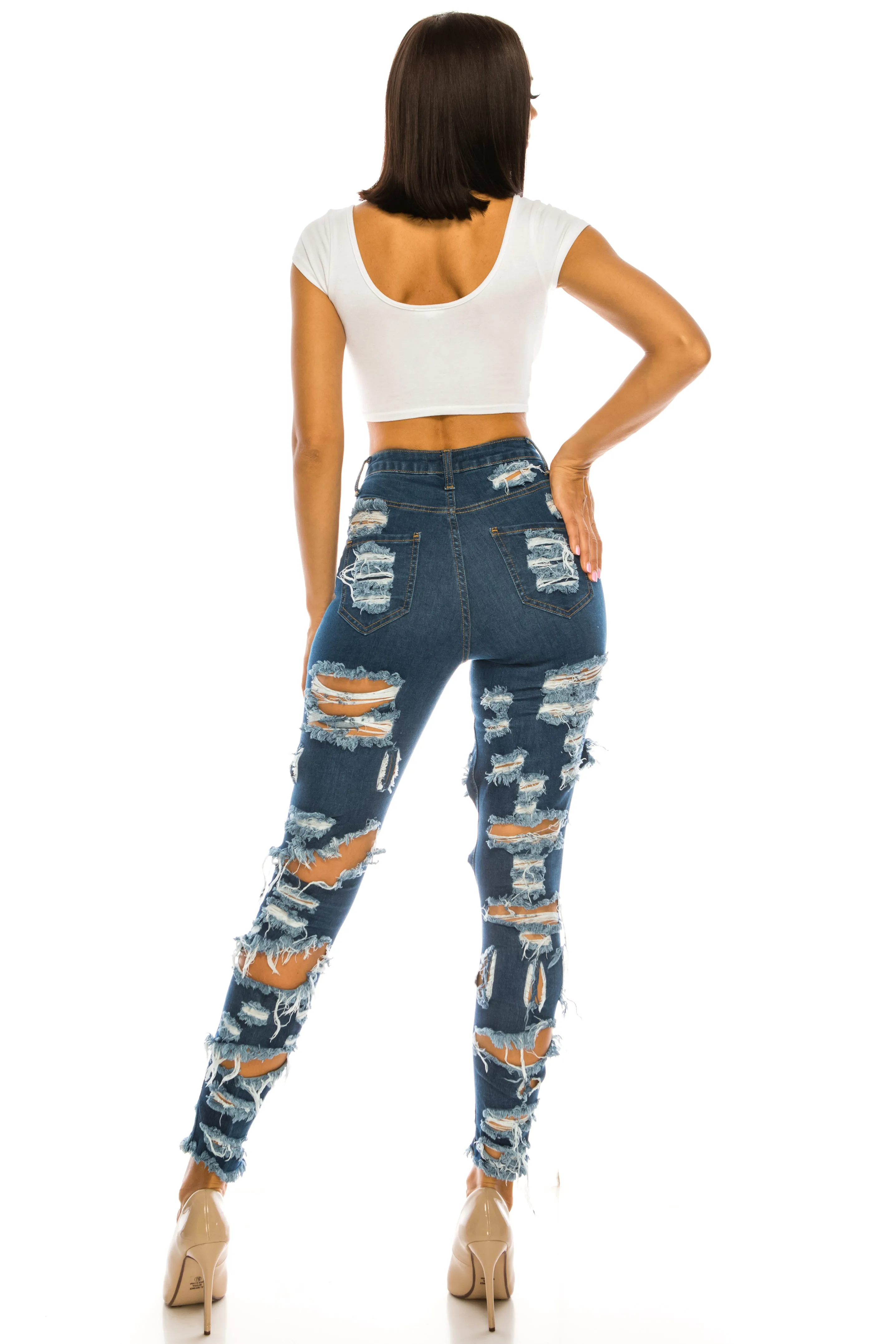 4575 Women's High Waisted Distressed Skinny Jeans with Cut Outs