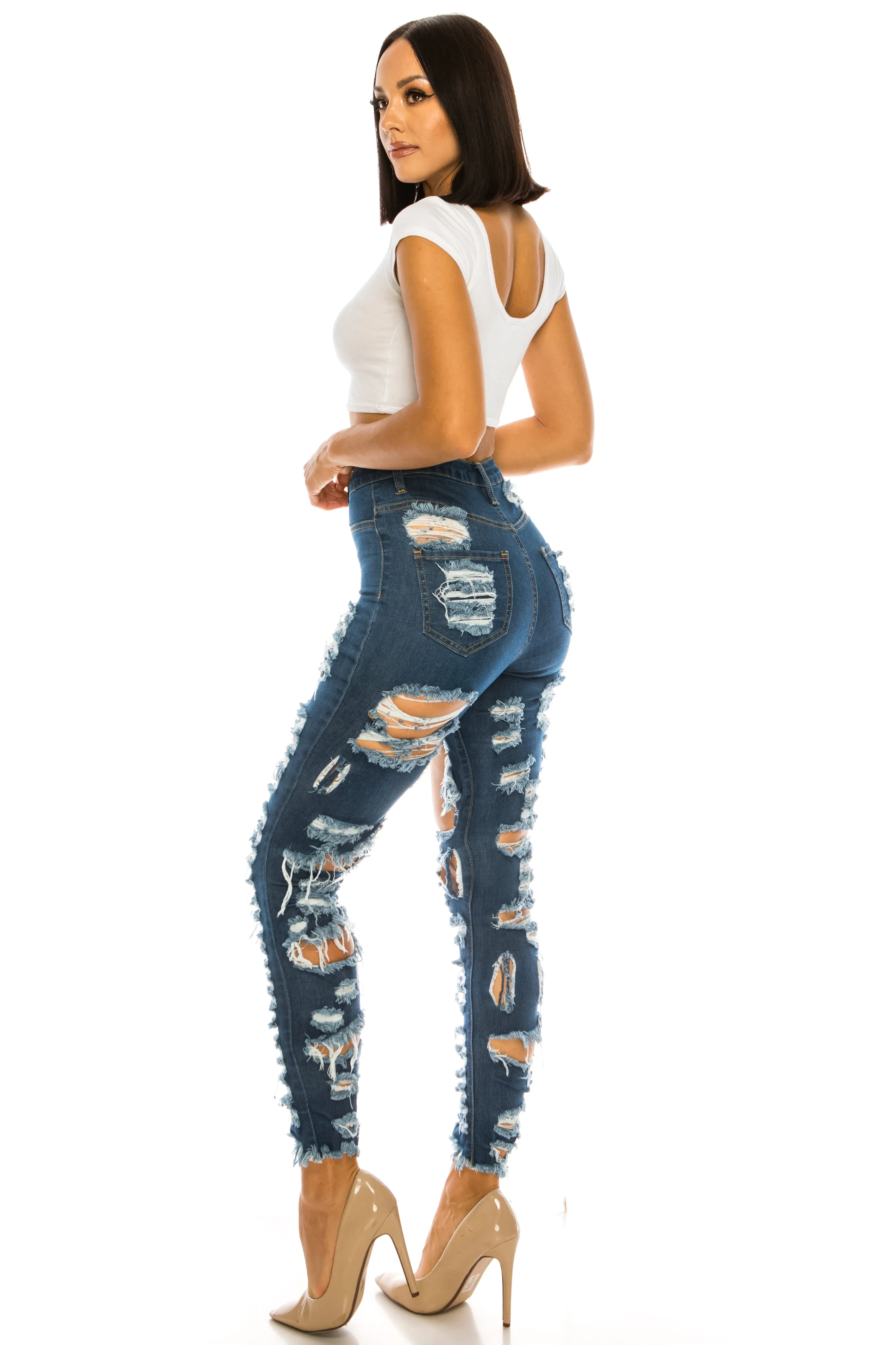 4575 Women's High Waisted Distressed Skinny Jeans with Cut Outs