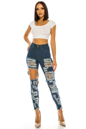 4575 Women's High Waisted Distressed Skinny Jeans with Cut Outs