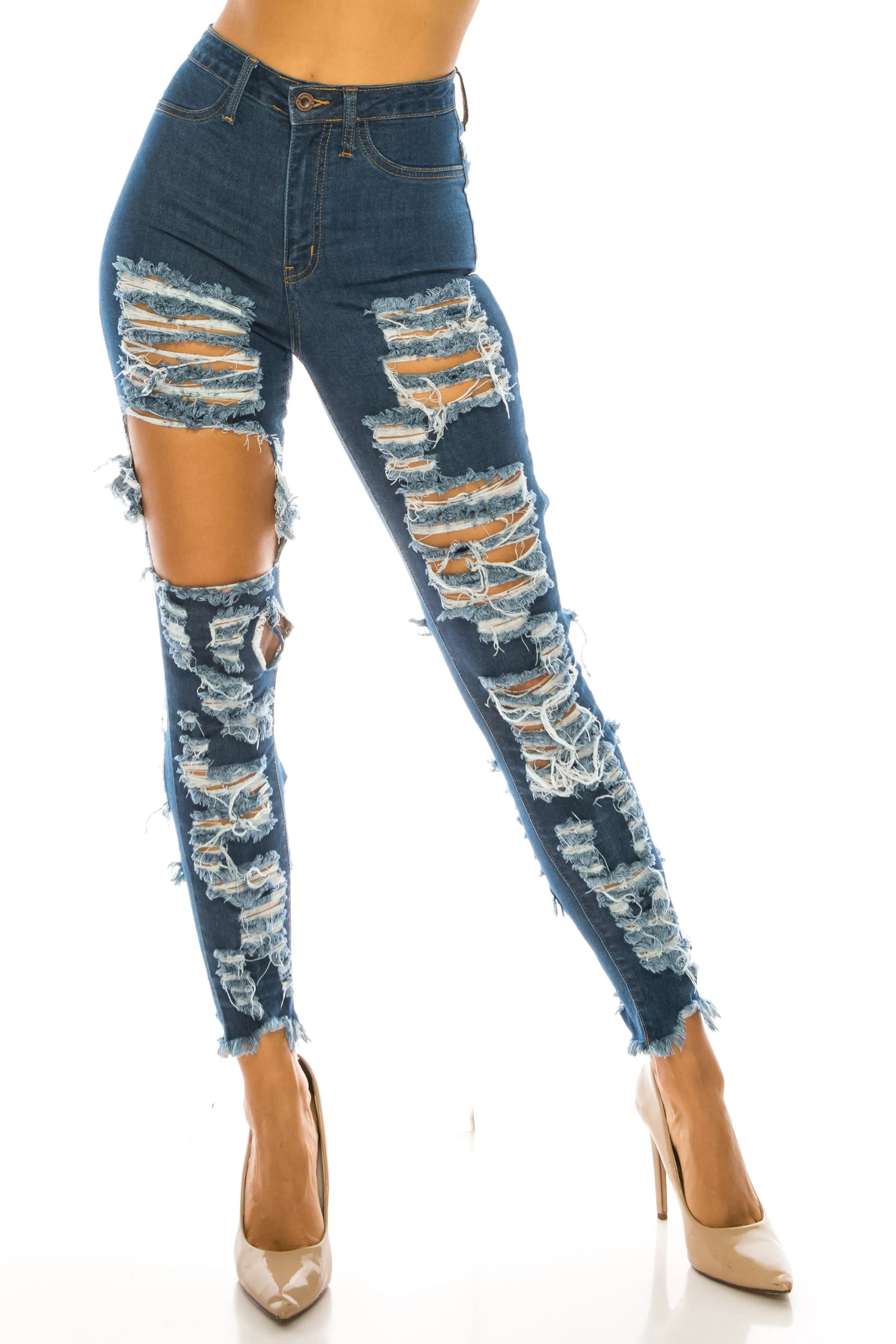 4575 Women's High Waisted Distressed Skinny Jeans with Cut Outs