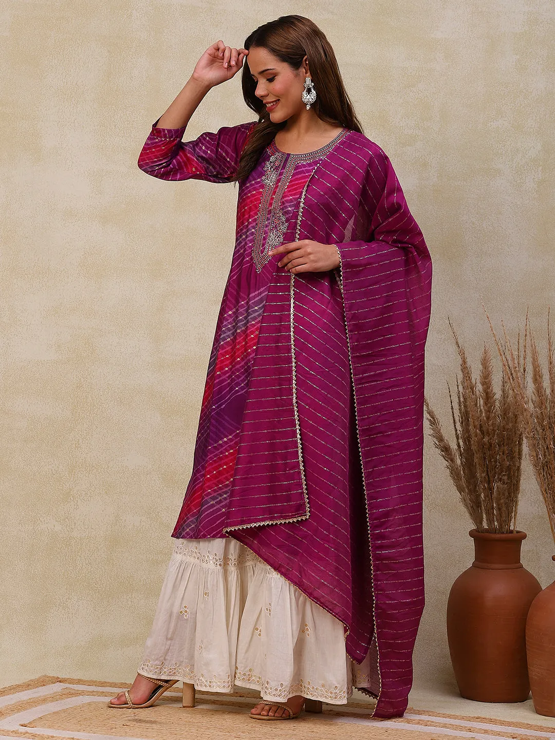 Abstract Printed Zari & Sequins Embroidered Kurta with Sequined Dupatta - Purple