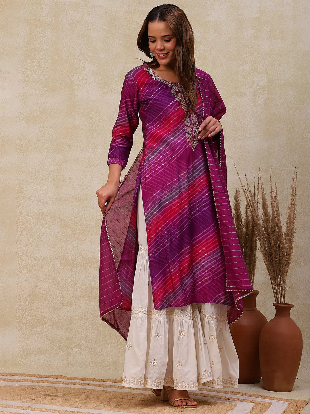 Abstract Printed Zari & Sequins Embroidered Kurta with Sequined Dupatta - Purple