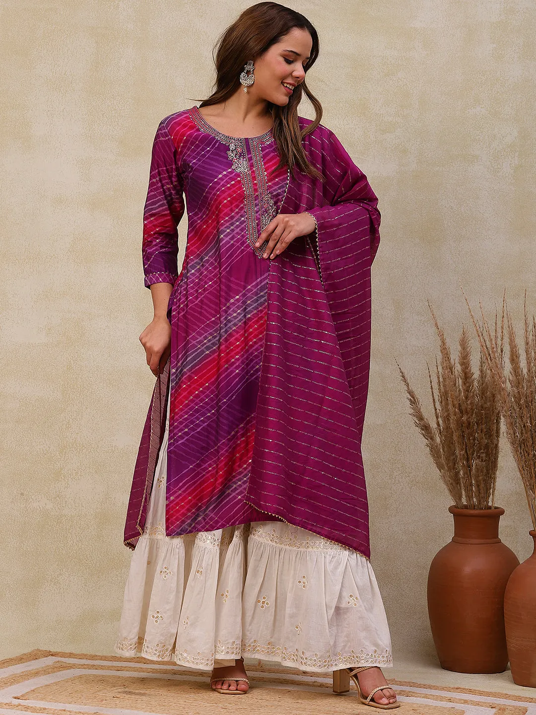 Abstract Printed Zari & Sequins Embroidered Kurta with Sequined Dupatta - Purple