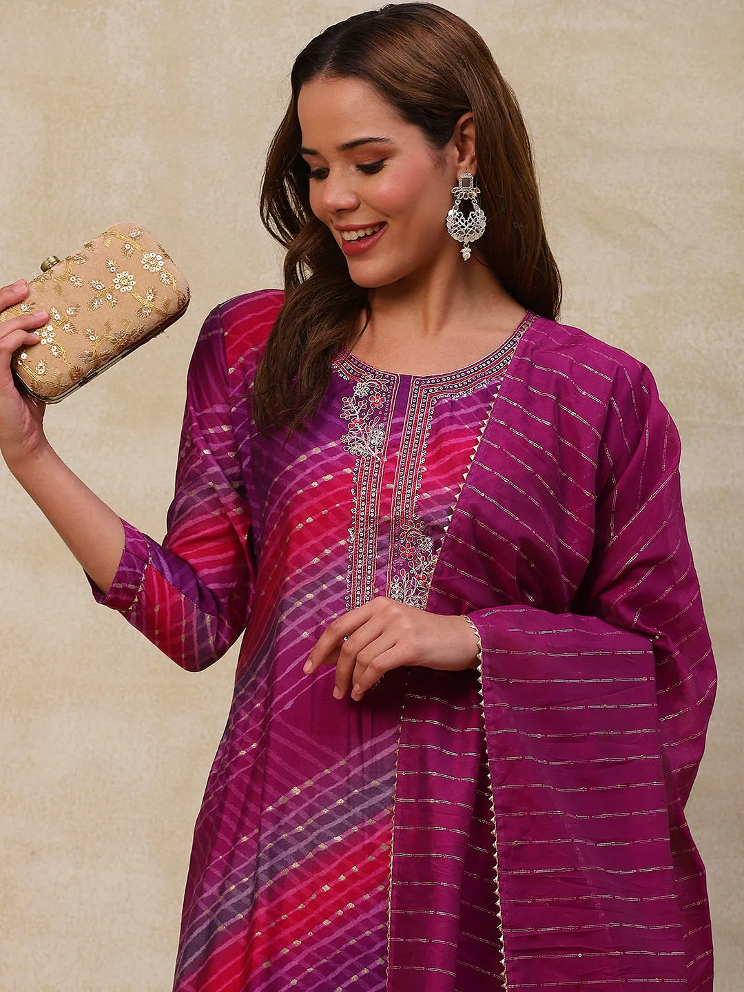 Abstract Printed Zari & Sequins Embroidered Kurta with Sequined Dupatta - Purple