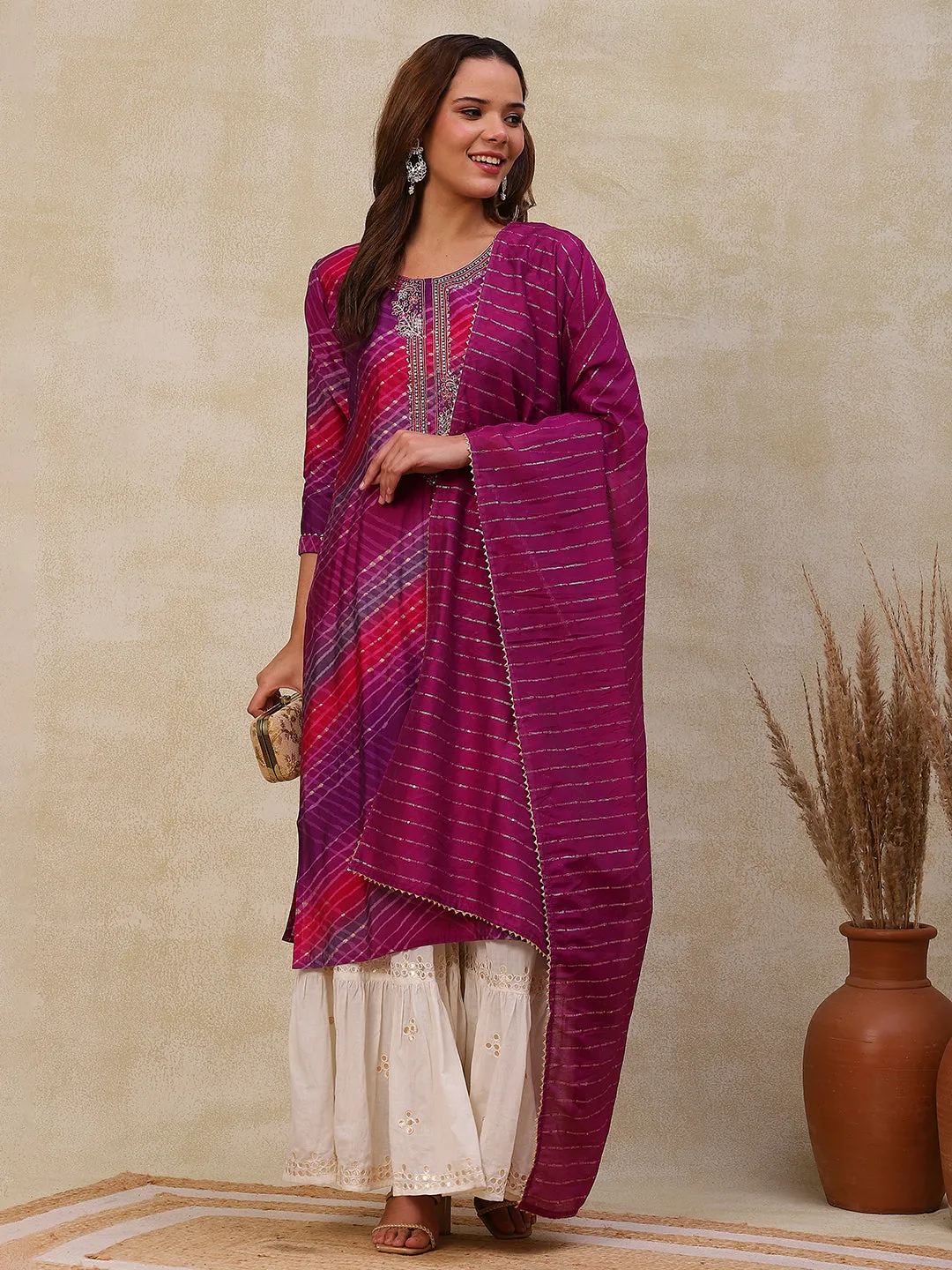 Abstract Printed Zari & Sequins Embroidered Kurta with Sequined Dupatta - Purple