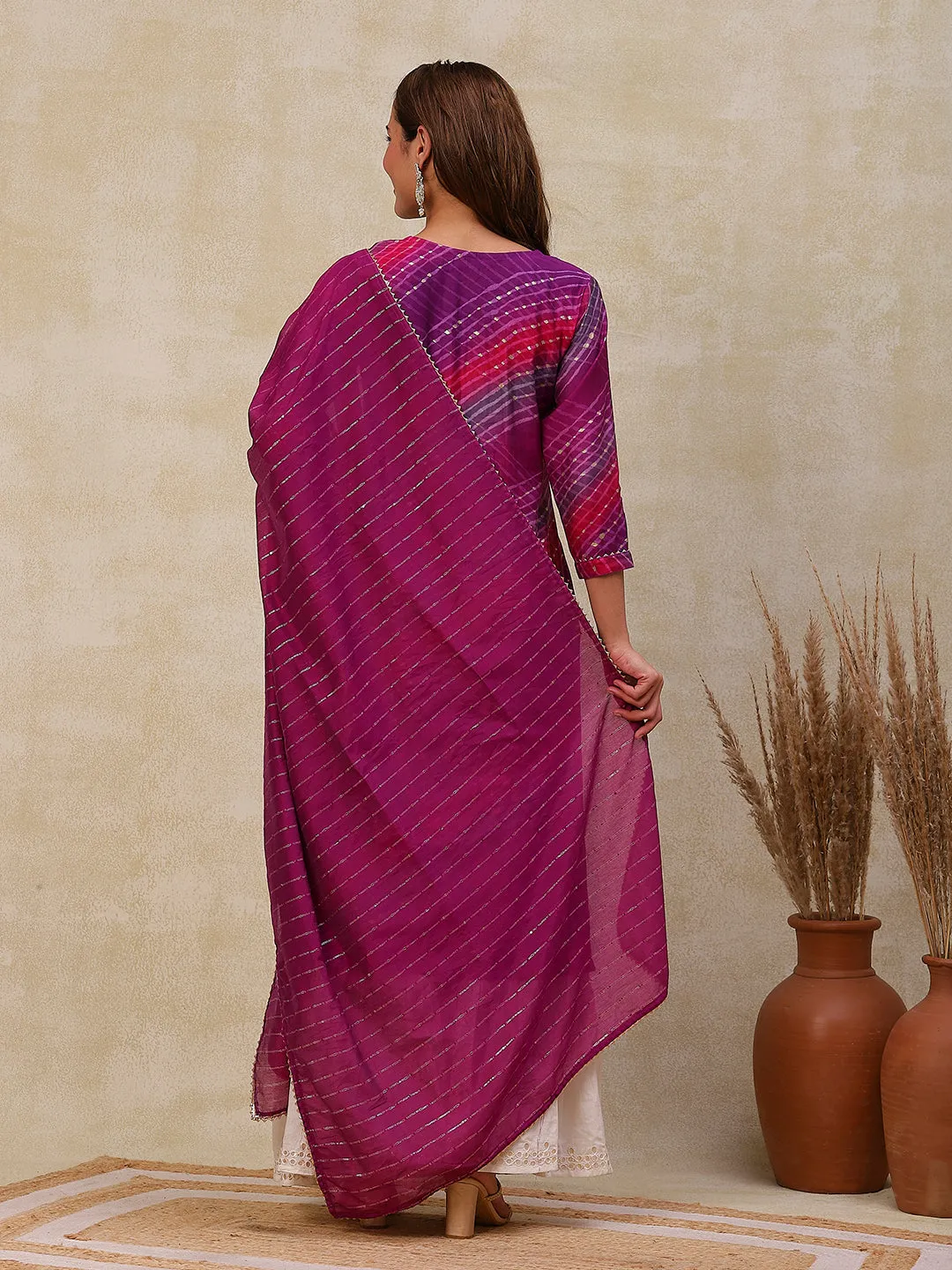 Abstract Printed Zari & Sequins Embroidered Kurta with Sequined Dupatta - Purple